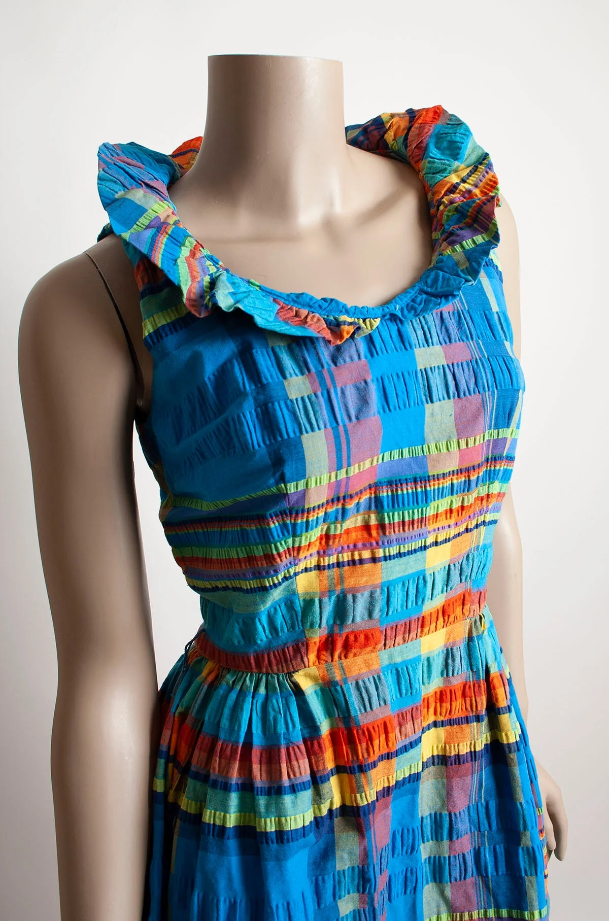 Vintage 60s Mini Dress Bright Blue Rainow Plaid Dolly Dress with Tall Ruffle Neckline Collar Xs - Image 7