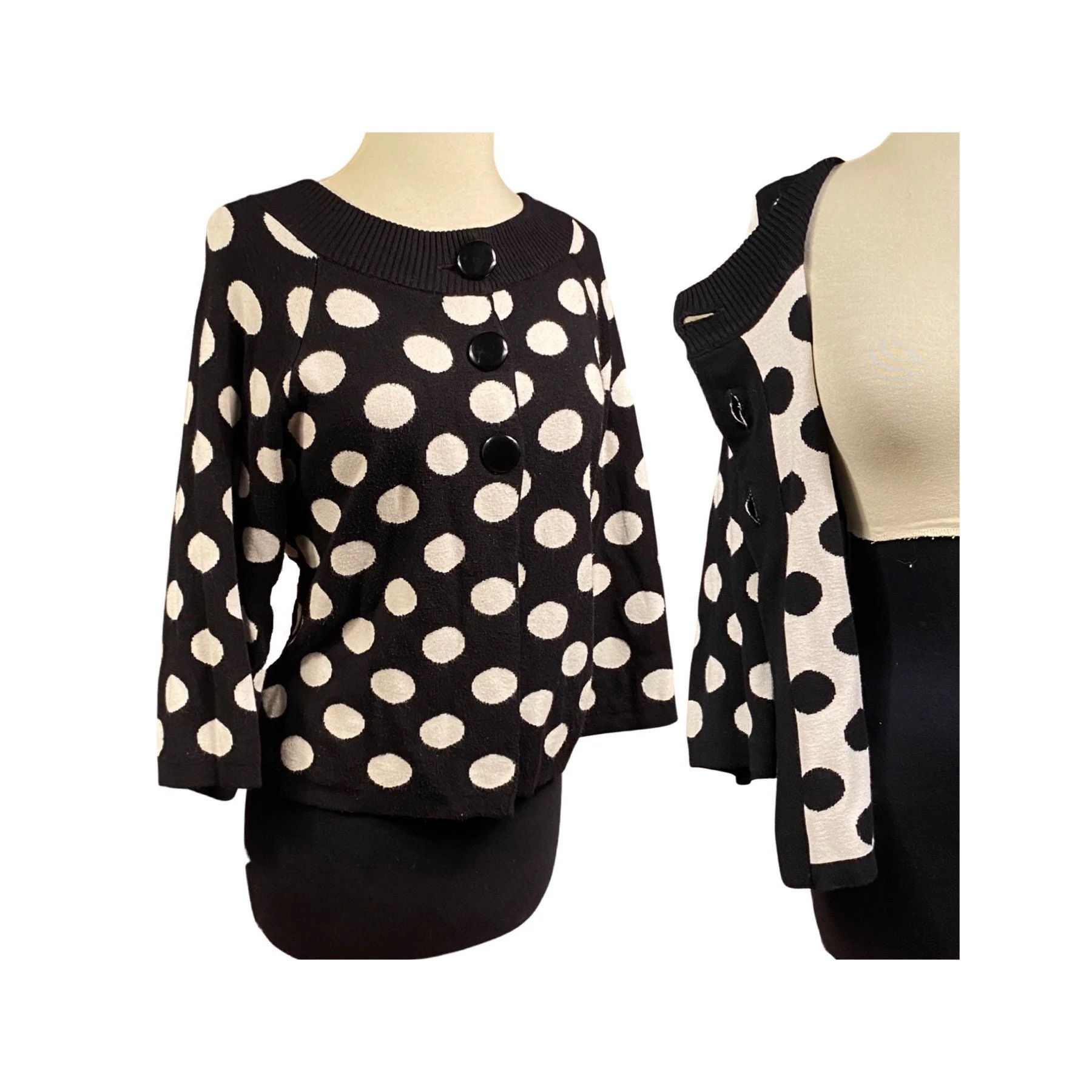 Vintage 60s Mod Cardigan Sweater 60s Polka Dot Sweater, 60s Mod Button Up Top, 60s Big Button Sweater, 60s Mod Top, Reversible Cardigan - Image 2