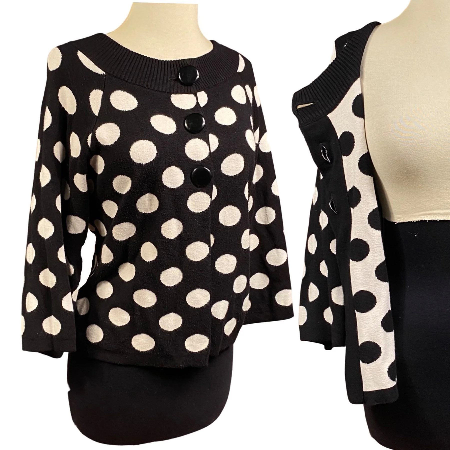 Vintage 60s Mod Cardigan Sweater 60s Polka Dot Sweater, 60s Mod Button Up Top, 60s Big Button Sweater, 60s Mod Top, Reversible Cardigan - Image 3