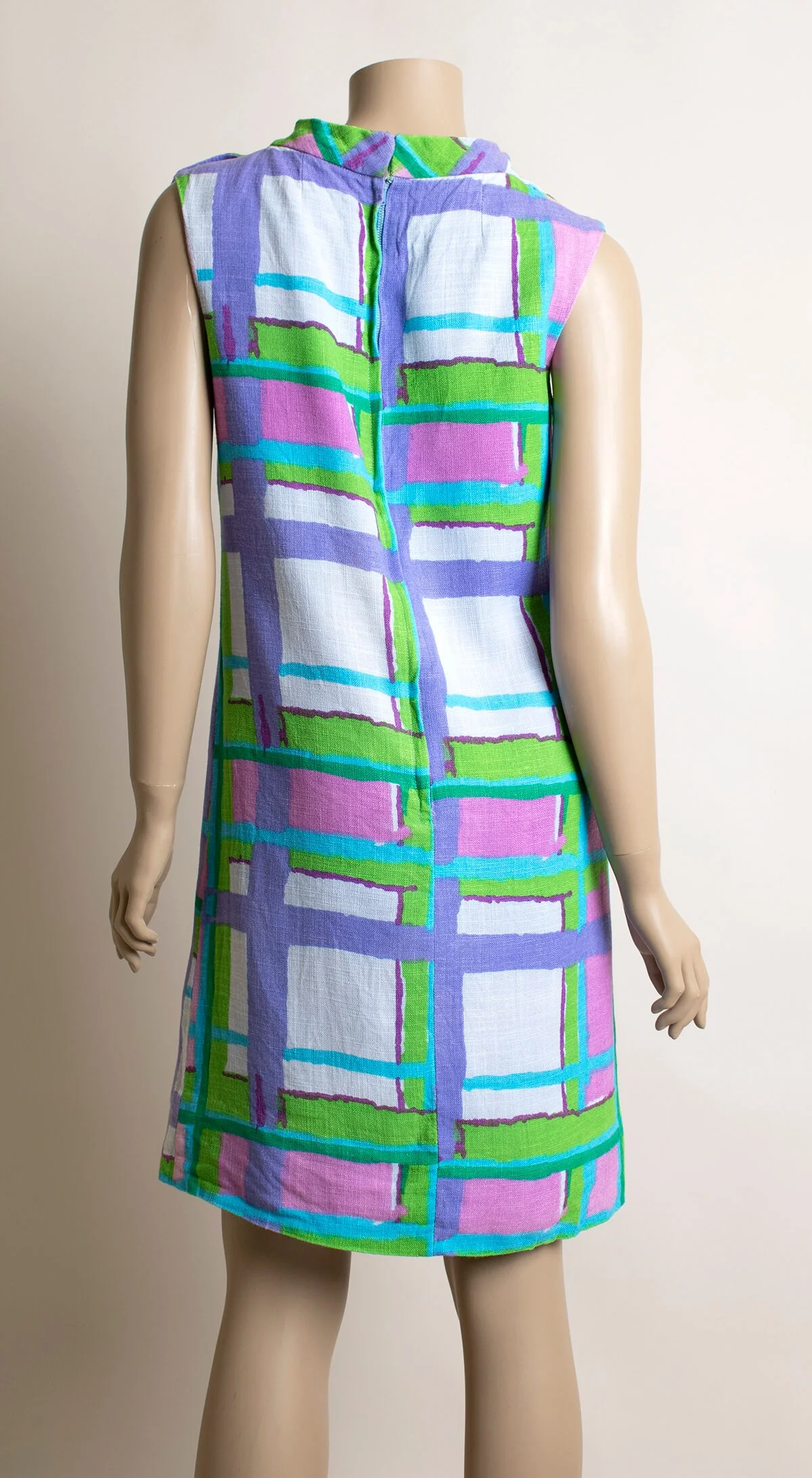 Vintage 60s Mod Geometric Plaid Print Bold Pink Green and Purple Brushstroke Tunic Sheath Dress by R&k Original - Image 6