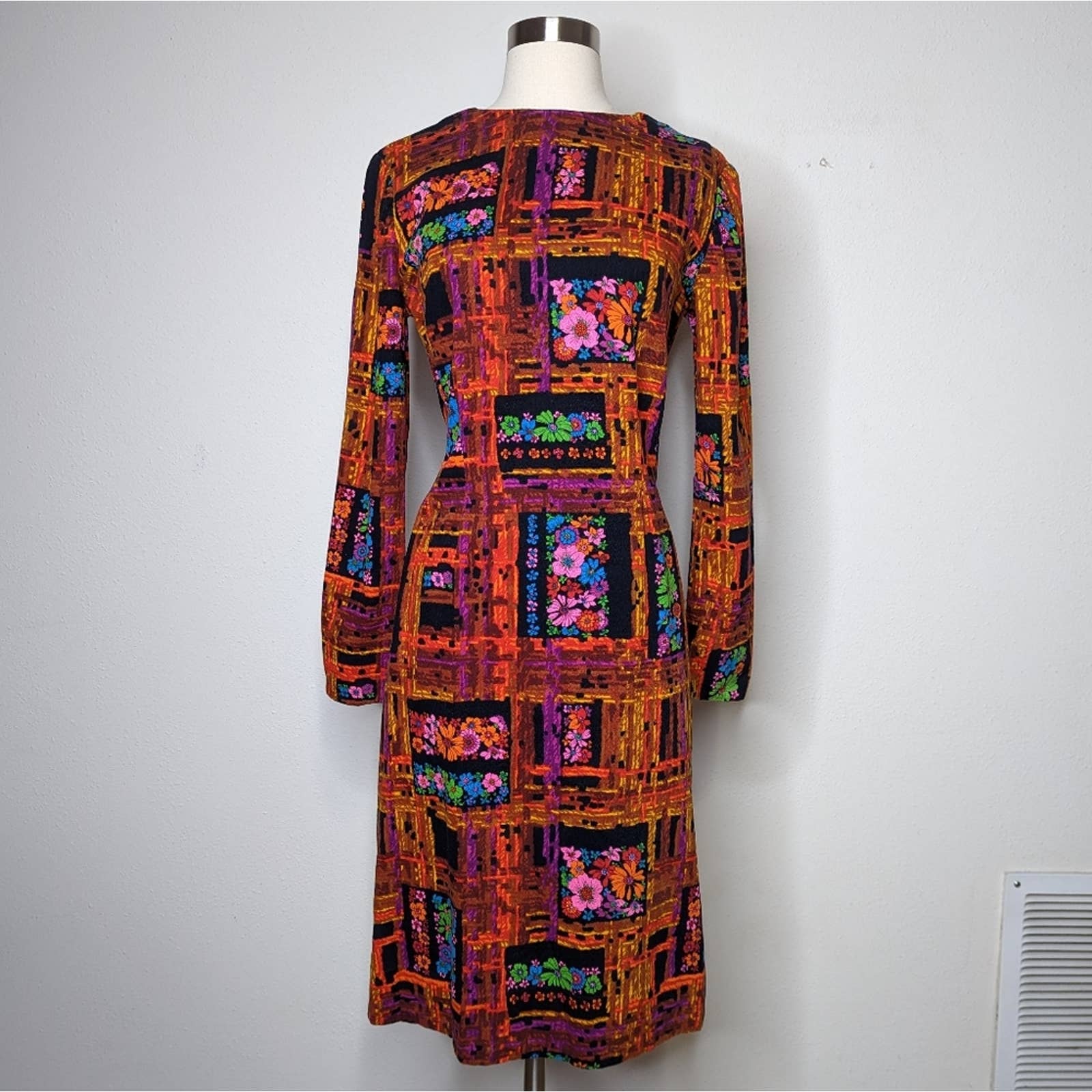 Vintage 60s Neon Floral Plaid Handmade Long Sleeve Dress - Image 2