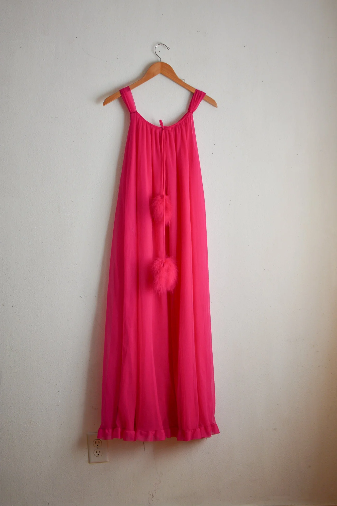 Vintage 60s Neon Pink Slip Dress Pom Pom Feathers S/m Bright by Jenelle - Image 3