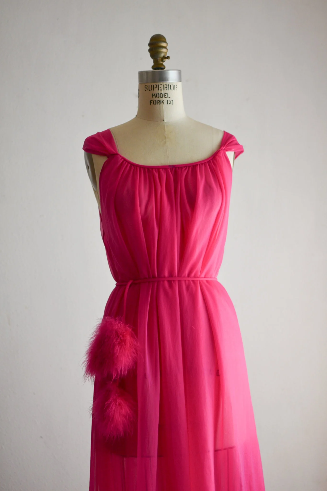 Vintage 60s Neon Pink Slip Dress Pom Pom Feathers S/m Bright by Jenelle - Image 4