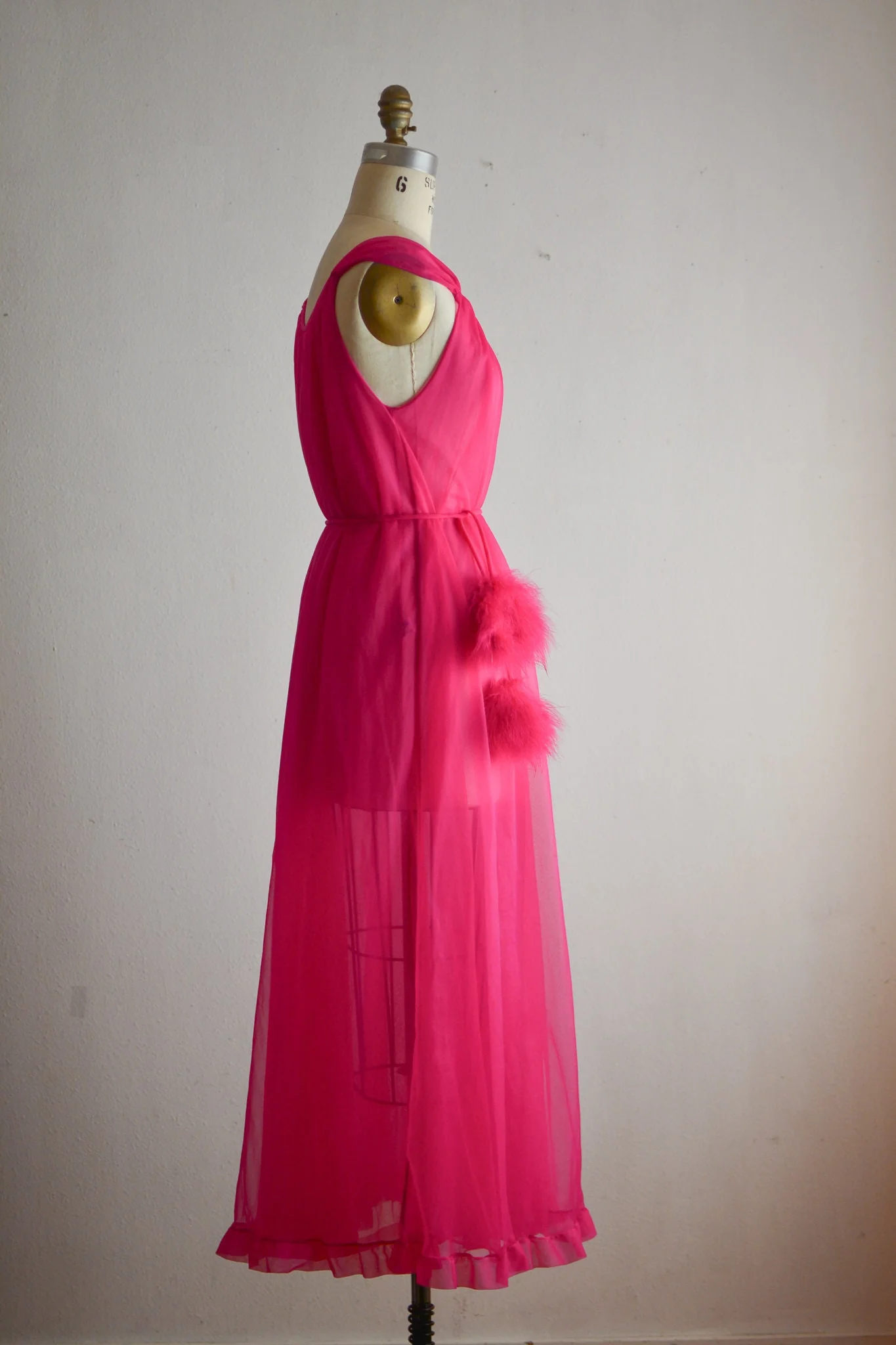 Vintage 60s Neon Pink Slip Dress Pom Pom Feathers S/m Bright by Jenelle - Image 5