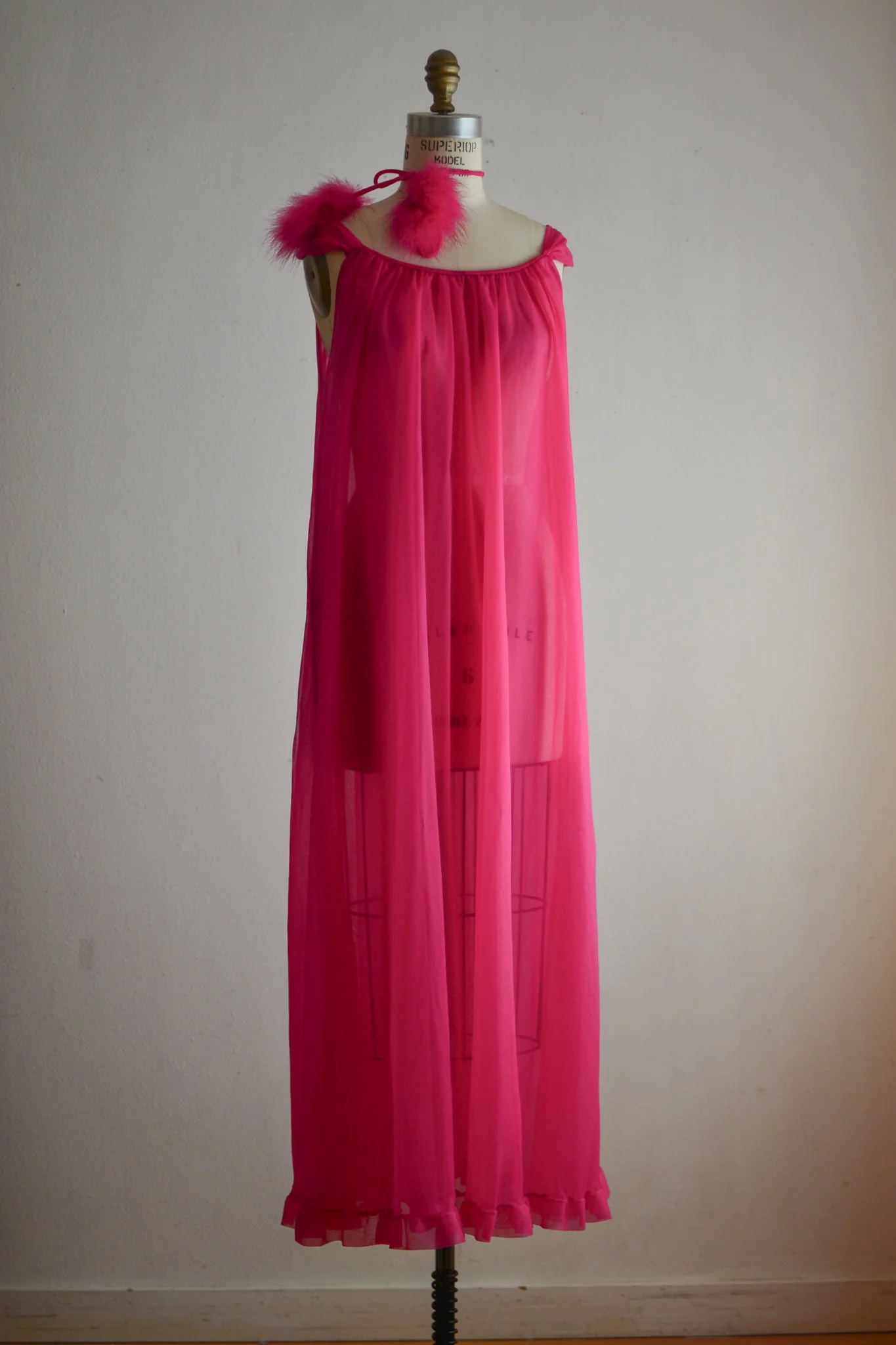 Vintage 60s Neon Pink Slip Dress Pom Pom Feathers S/m Bright by Jenelle - Image 7