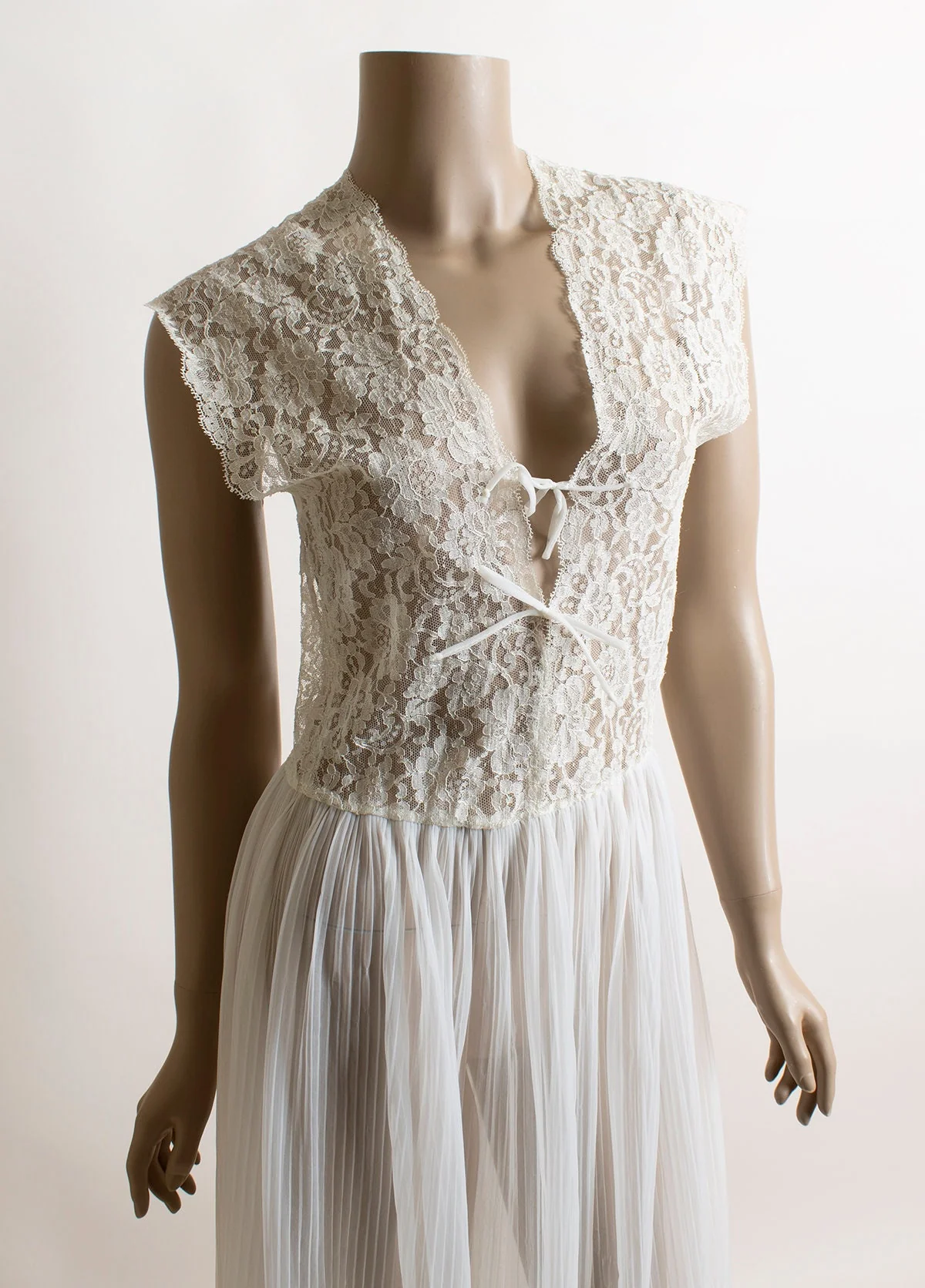 Vintage 60s Nightgown Slip Dress Sheer White Nylon Pleated Skirt Floral Lace Bodice Nightie Small Medium by Michelene - Image 9