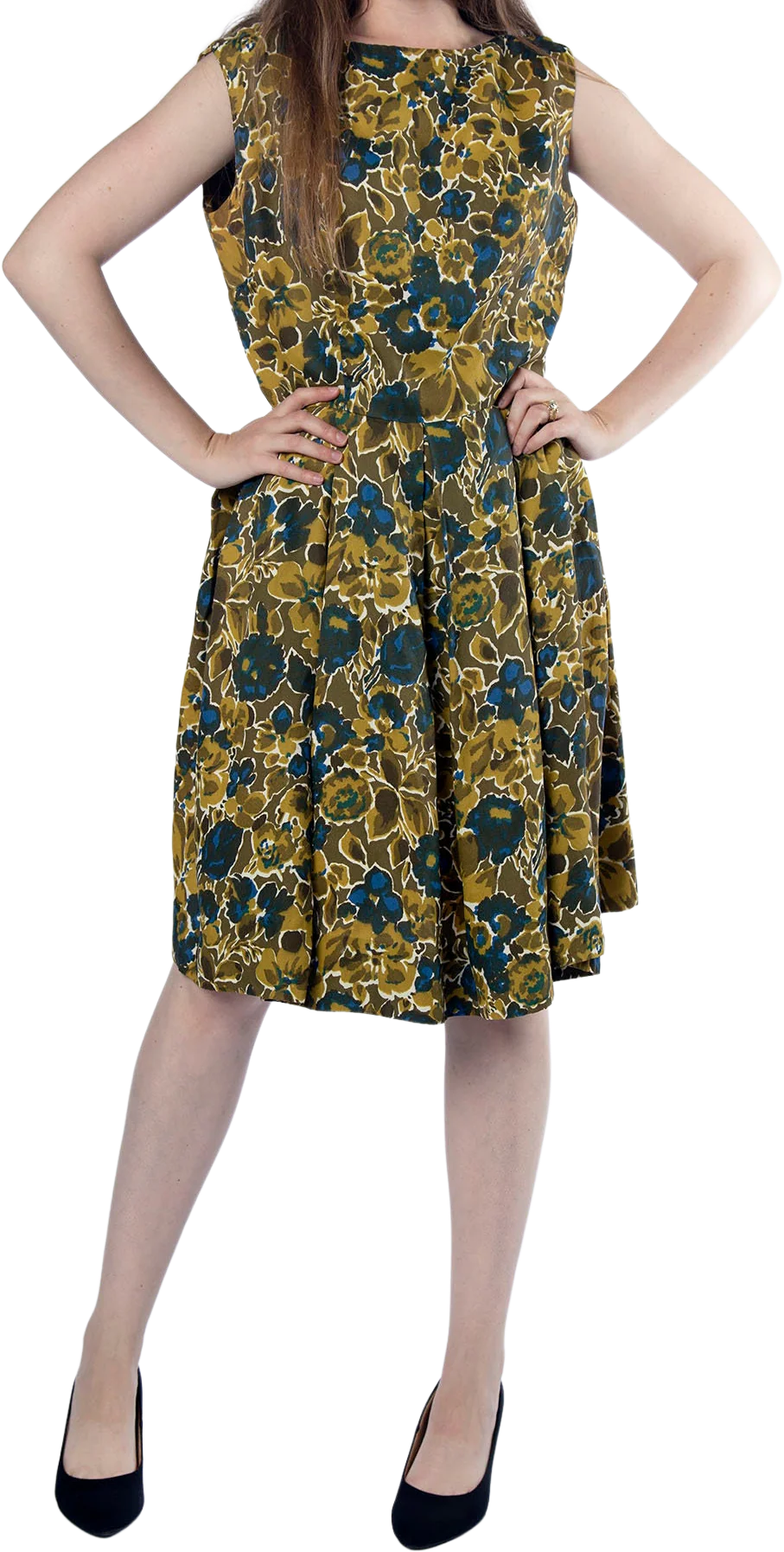 Vintage 60s Olive Green and Navy Blue Floral Print Box Pleat Low Scoop Back Day Dress - Image 3