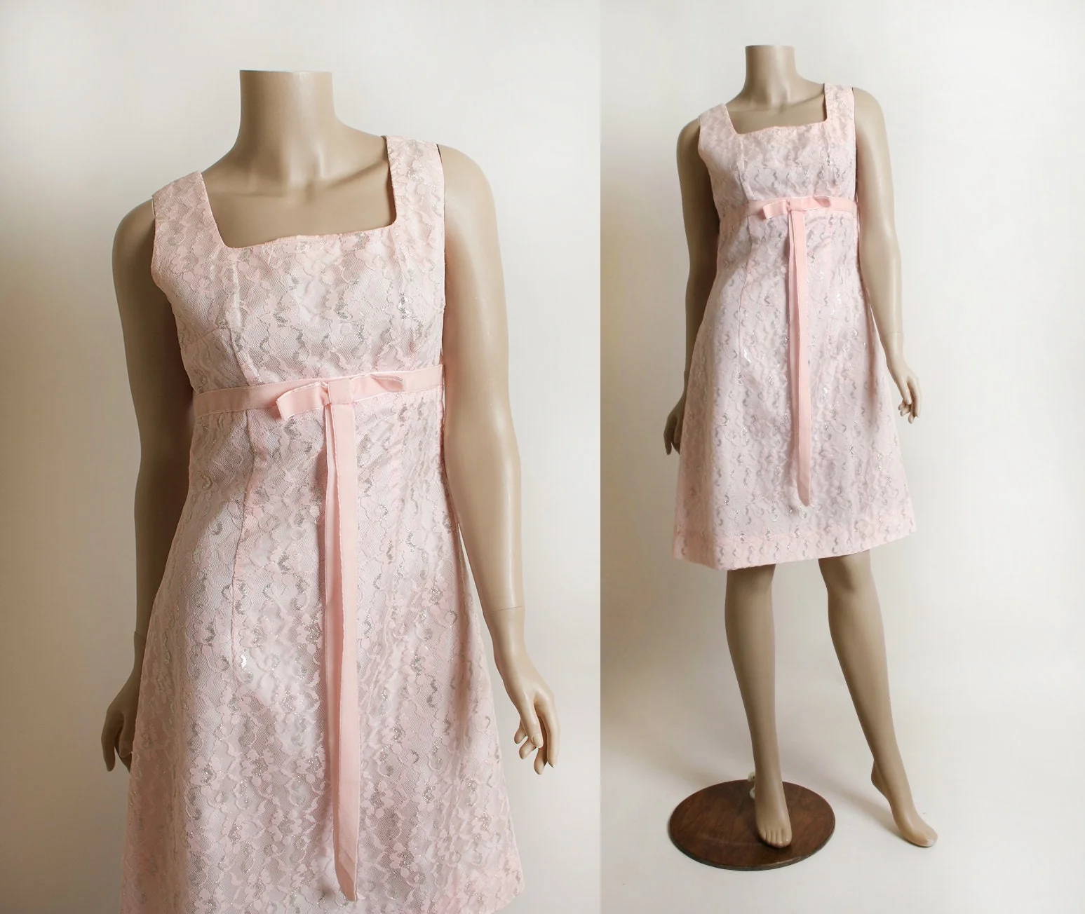 Vintage 60s Party Dress Light Pastel Pink Silver Floral Lace Twiggy Dress with Velvet Bow Empire Waist Small - Image 3