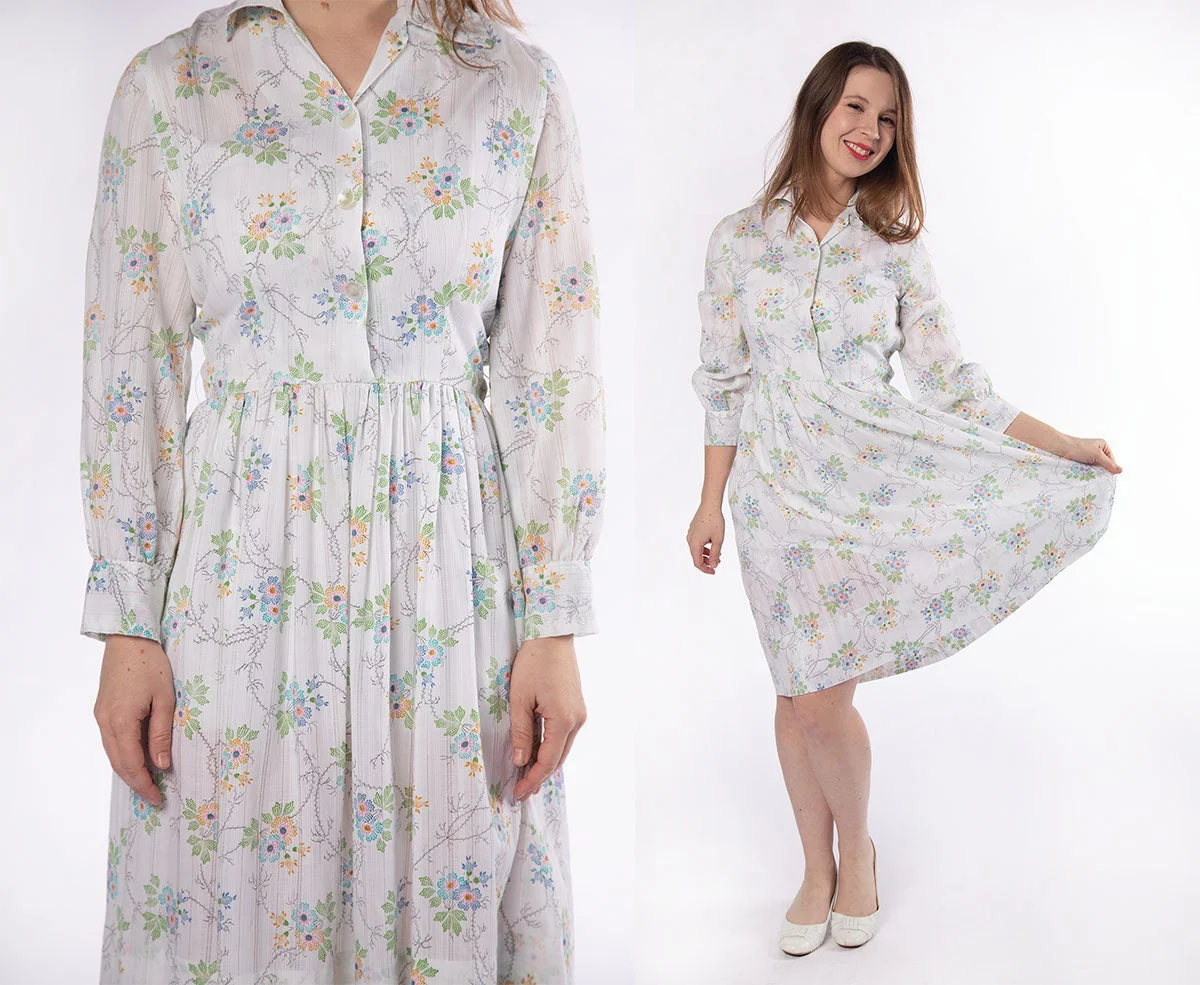 Vintage 60s Pastel Light Floral Spring Garden Long Sleeve Dress Shirtwaist Cotton - Image 3