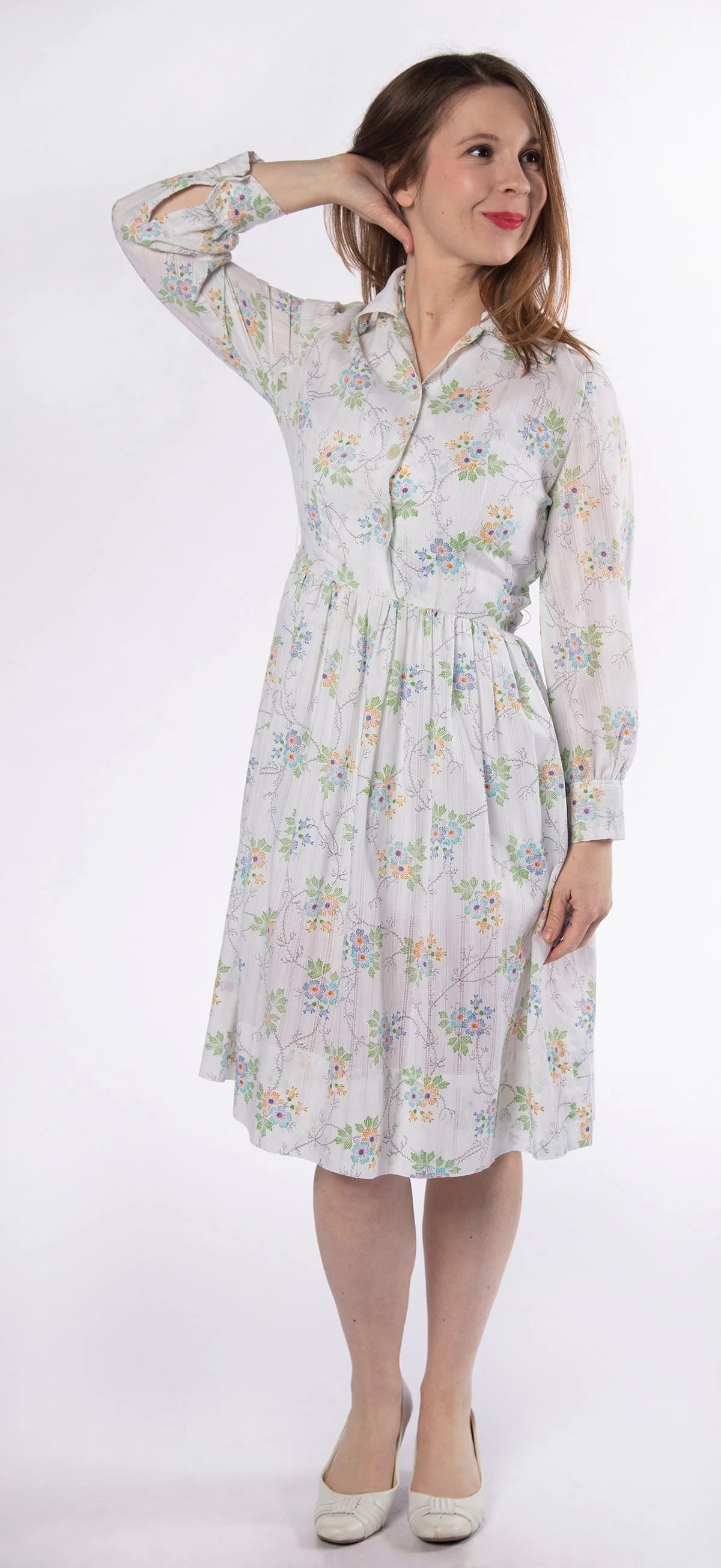 Vintage 60s Pastel Light Floral Spring Garden Long Sleeve Dress Shirtwaist Cotton - Image 4