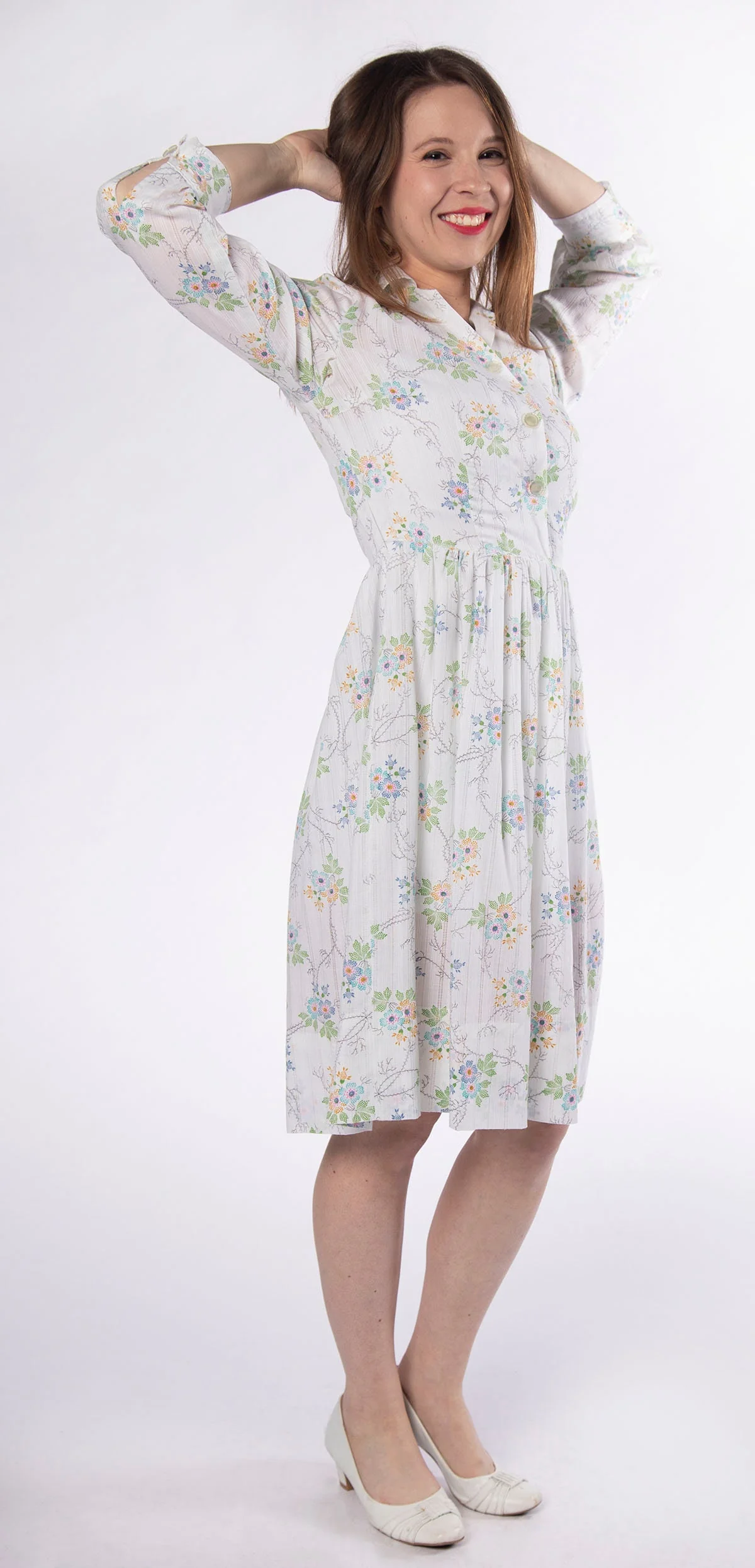 Vintage 60s Pastel Light Floral Spring Garden Long Sleeve Dress Shirtwaist Cotton - Image 5