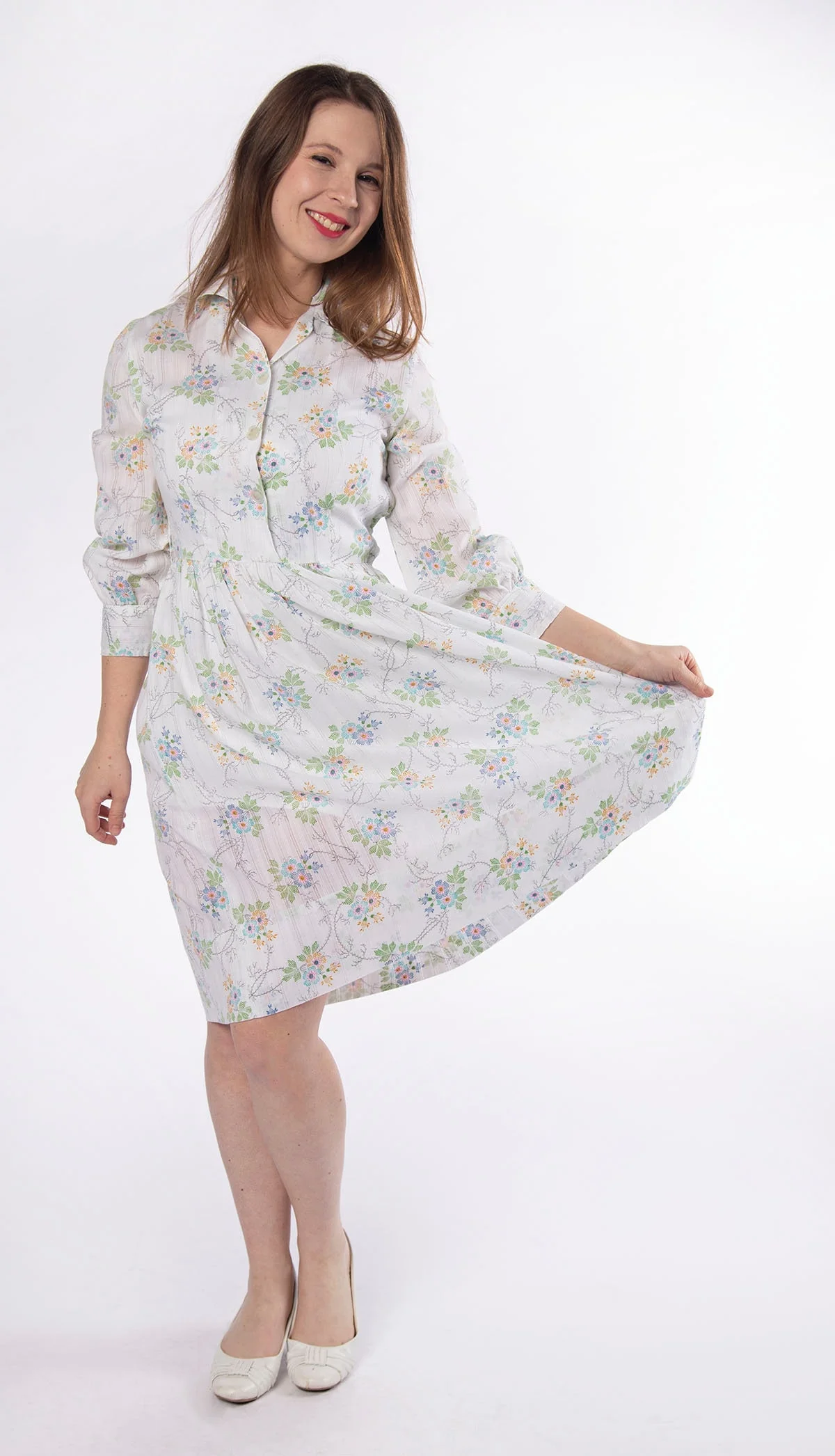 Vintage 60s Pastel Light Floral Spring Garden Long Sleeve Dress Shirtwaist Cotton - Image 6