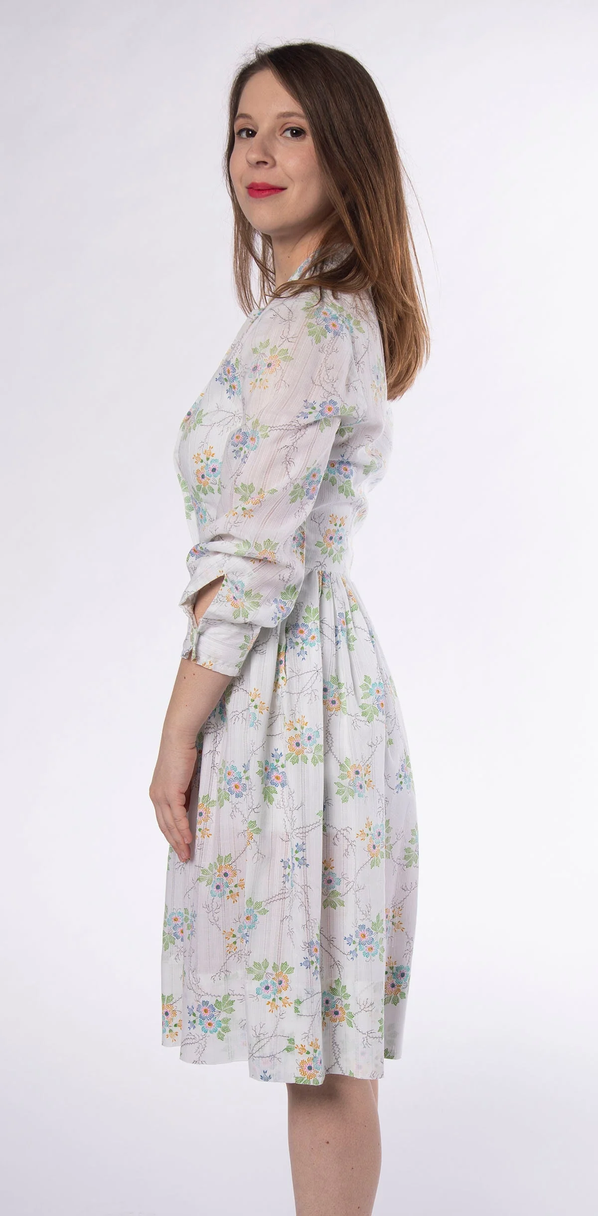 Vintage 60s Pastel Light Floral Spring Garden Long Sleeve Dress Shirtwaist Cotton - Image 7