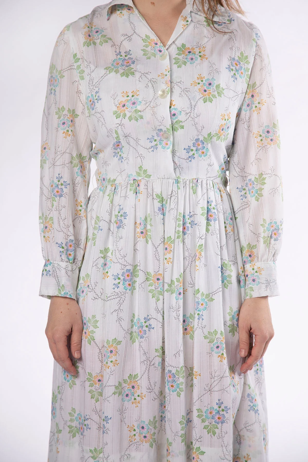 Vintage 60s Pastel Light Floral Spring Garden Long Sleeve Dress Shirtwaist Cotton - Image 9
