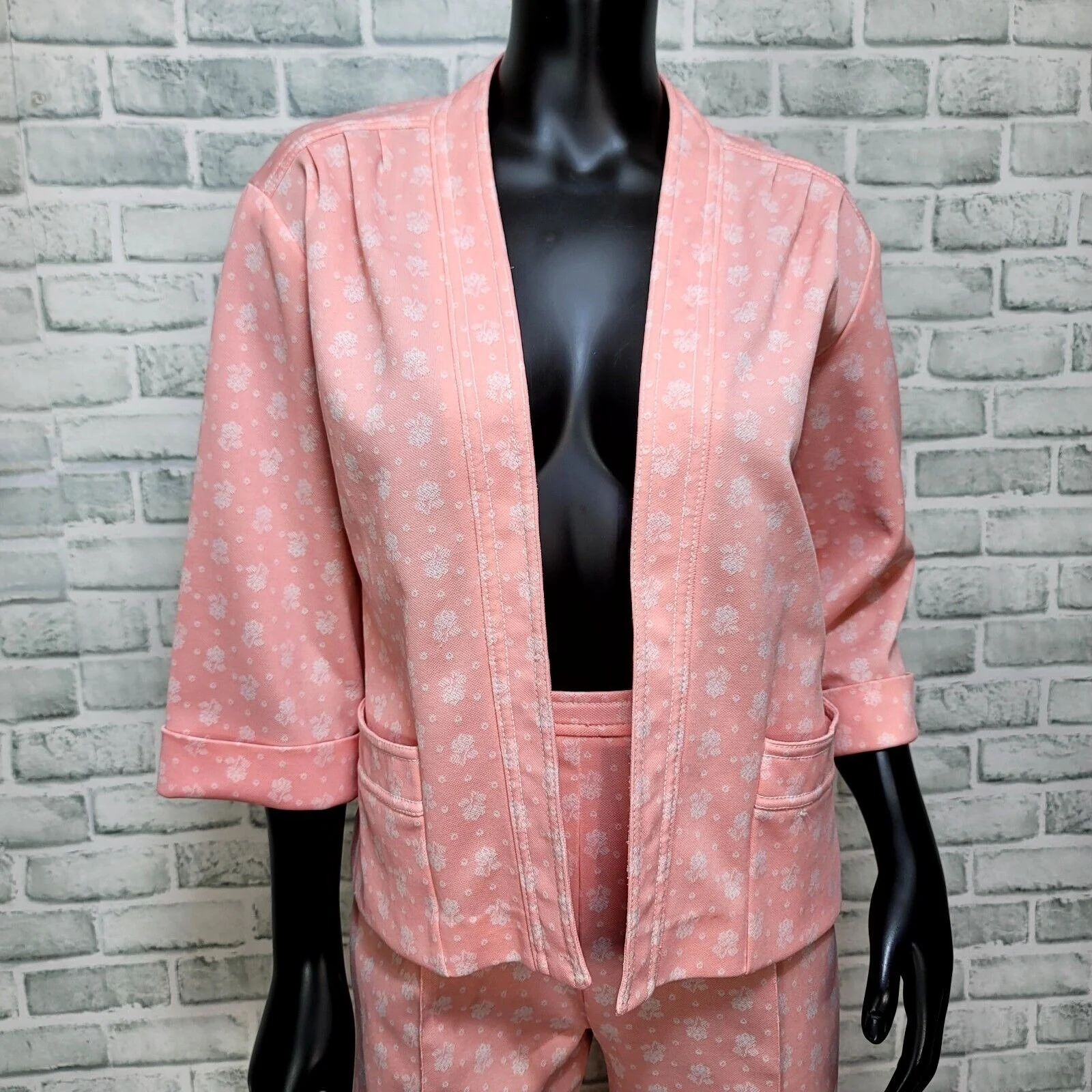 60s Pink Floral Polyester Leisure Suit Pant And Top - Image 4