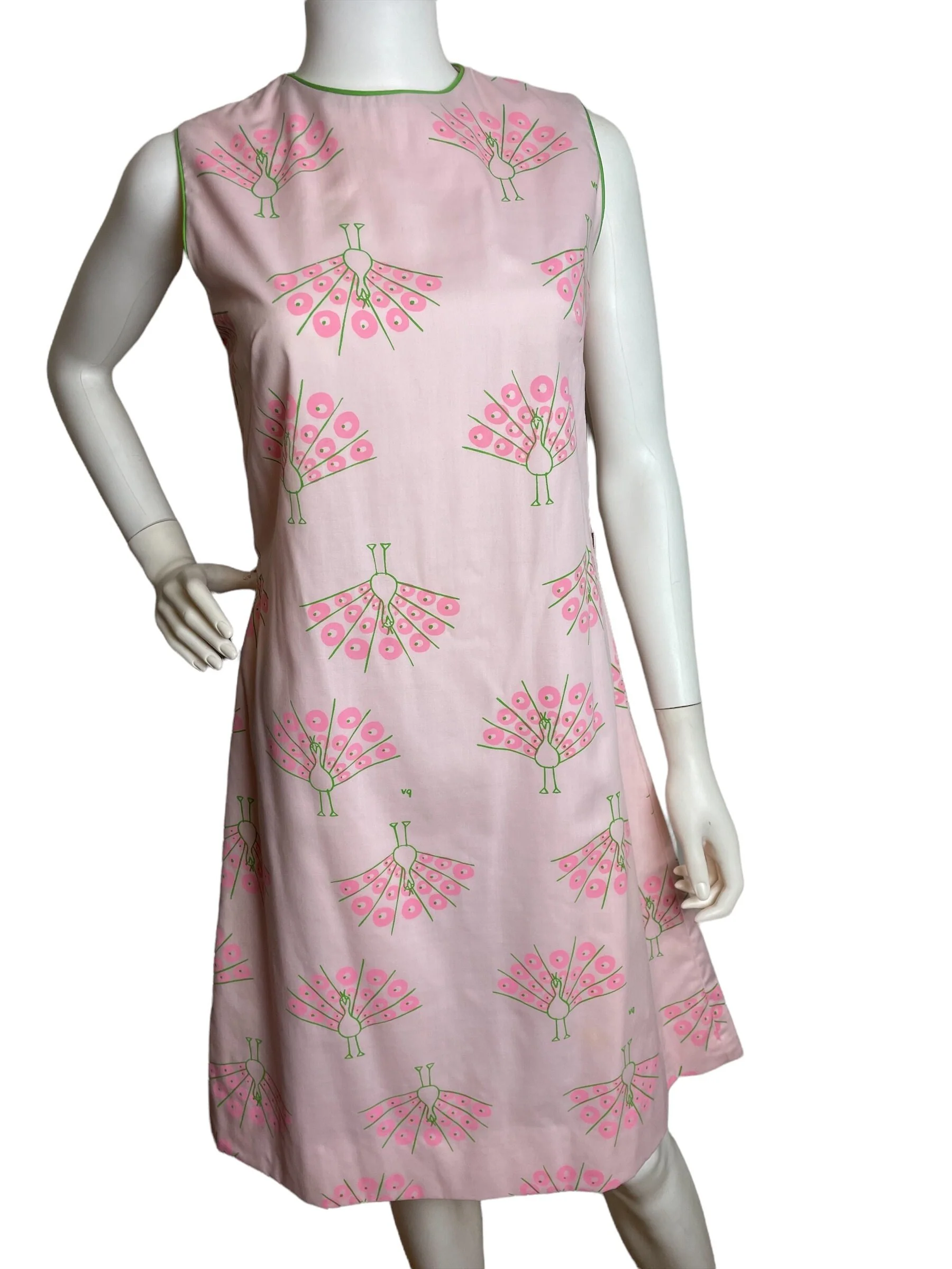 Vintage 60s Pink Green Peacock Novelty Print Bird Shift Dress Sleeveless - Image 3
