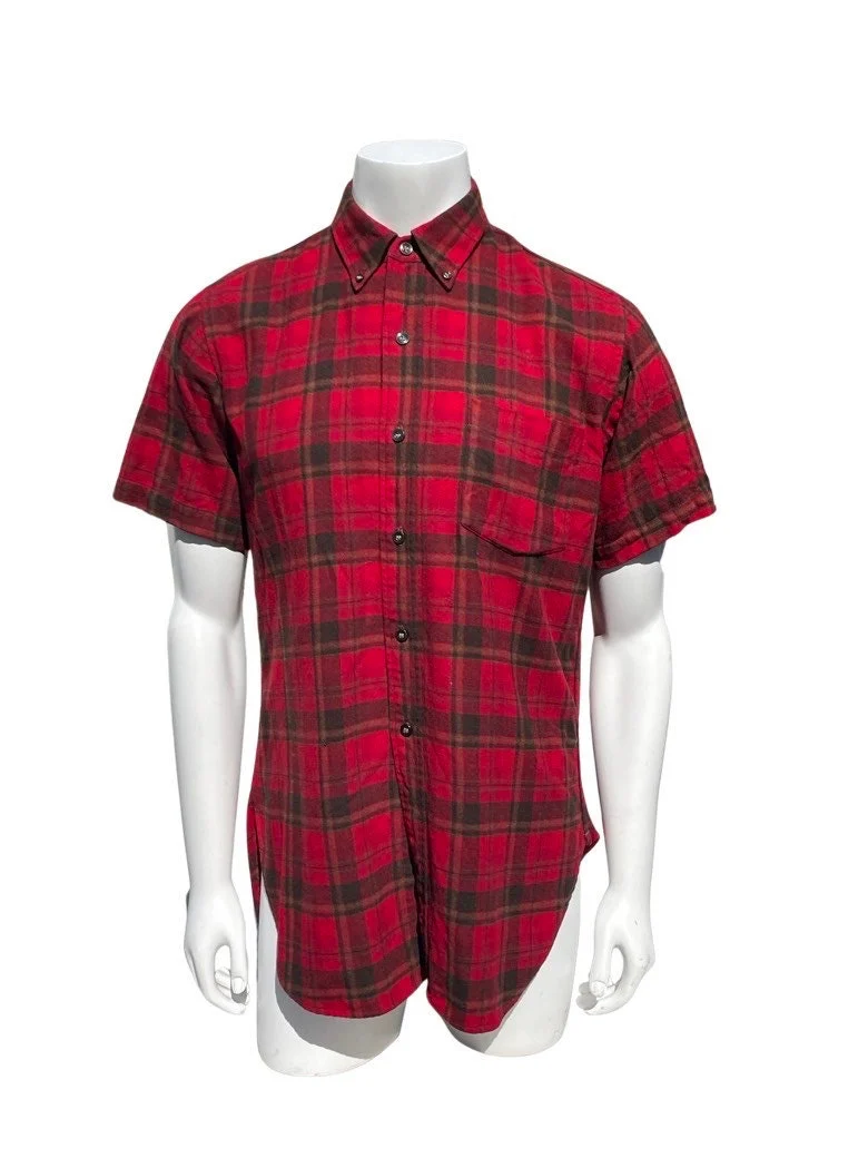 Vintage 60s Plaid Checkered Wool Shirt Button Down Collar Long Tails Small Unisex by Pendelton - Image 3