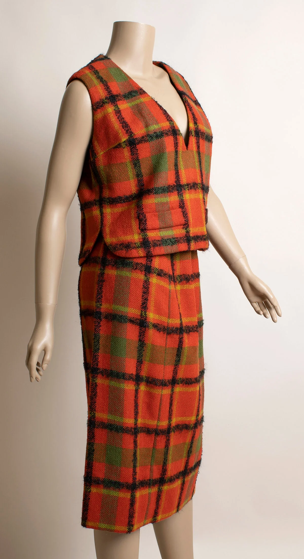 Vintage 60s Plaid Skirt Vest and Coat Set Red Tartan Wool 60s Mod Fashion Vogue Paris Originals Small Xs by Vogue - Image 4