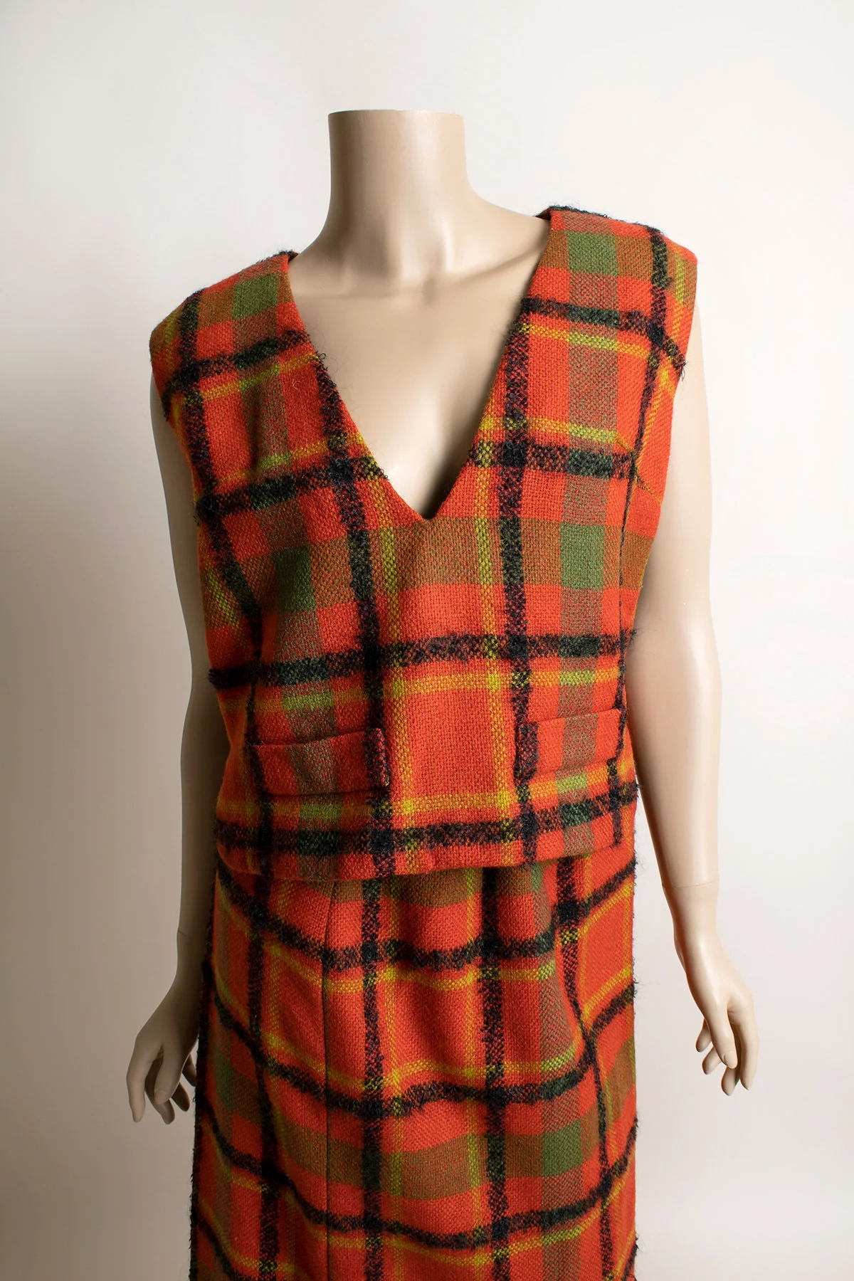 Vintage 60s Plaid Skirt Vest and Coat Set Red Tartan Wool 60s Mod Fashion Vogue Paris Originals Small Xs by Vogue - Image 5