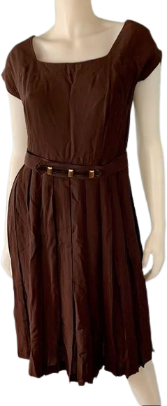Vintage 60s Pleated Dress Square Neck Pleated Belted Brown