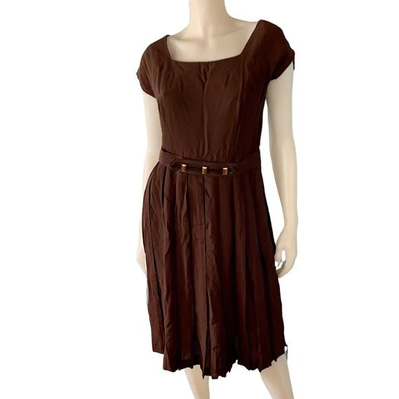 Vintage 60s Pleated Dress Square Neck Pleated Belted Brown - Image 10