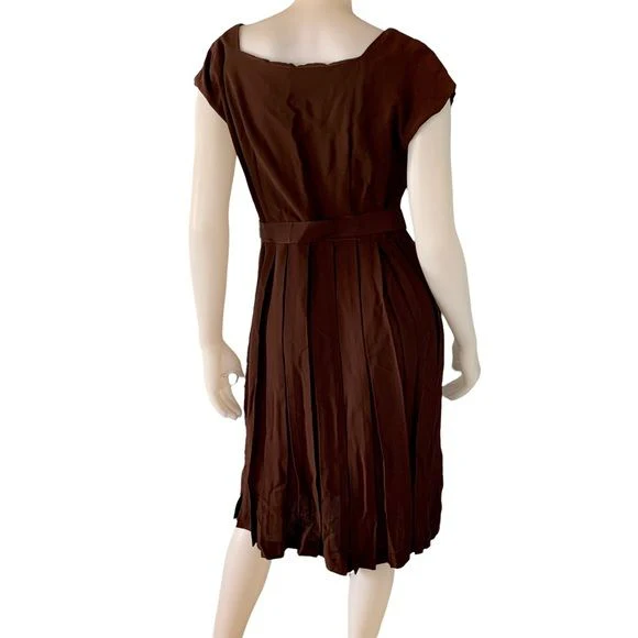 Vintage 60s Pleated Dress Square Neck Pleated Belted Brown - Image 11