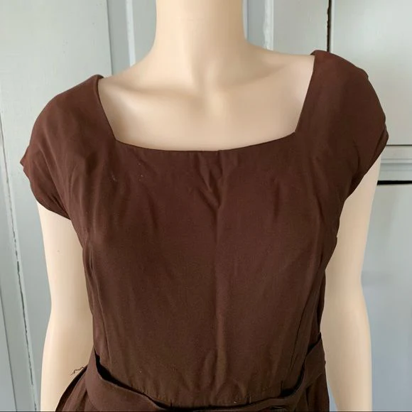 Vintage 60s Pleated Dress Square Neck Pleated Belted Brown - Image 3