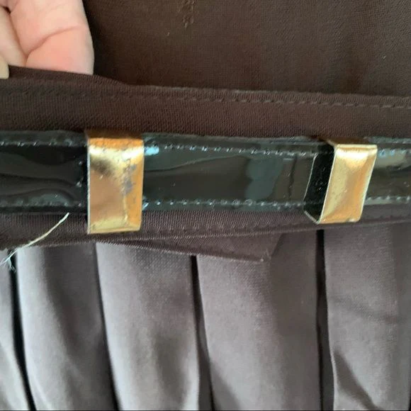 Vintage 60s Pleated Dress Square Neck Pleated Belted Brown - Image 4