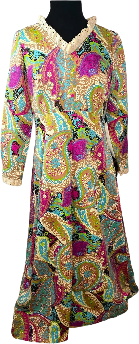 Vintage 60s Prairie Paisley Green Tan Purple Orange Maxi Dress Large Med