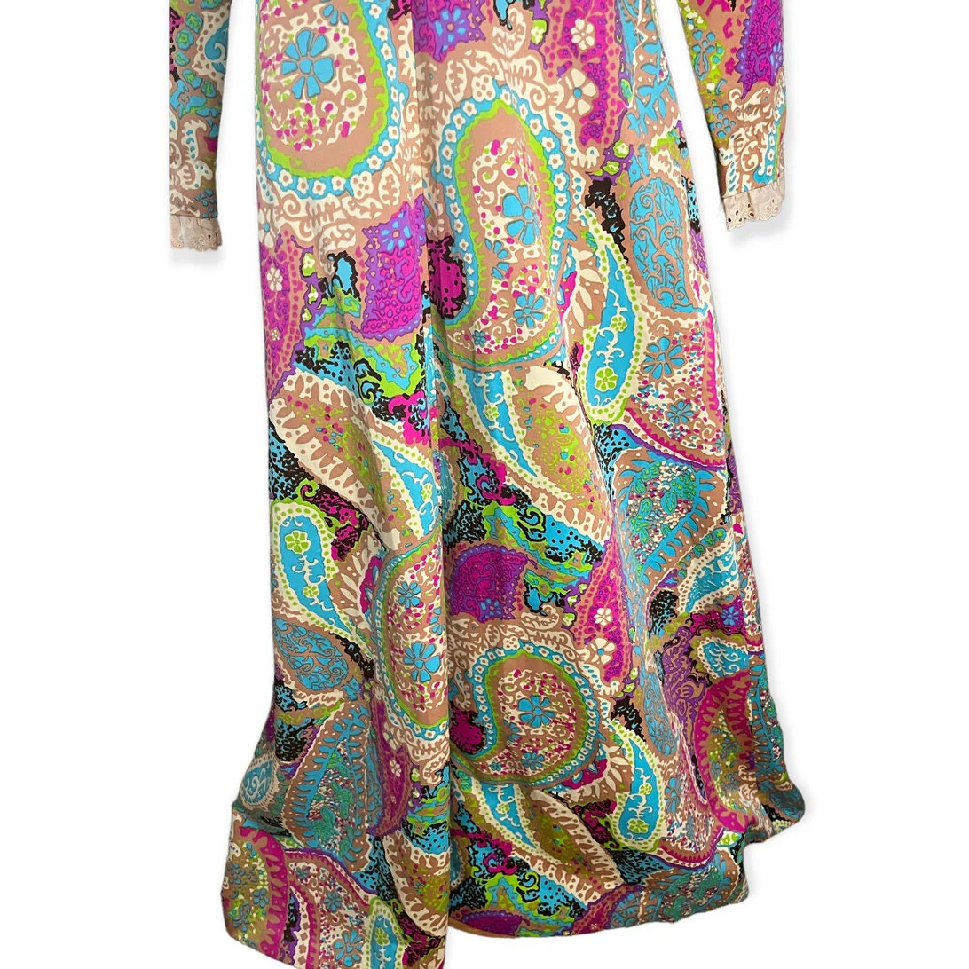 Vintage 60s Prairie Paisley Green Tan Purple Orange Maxi Dress Large Med - Image 6