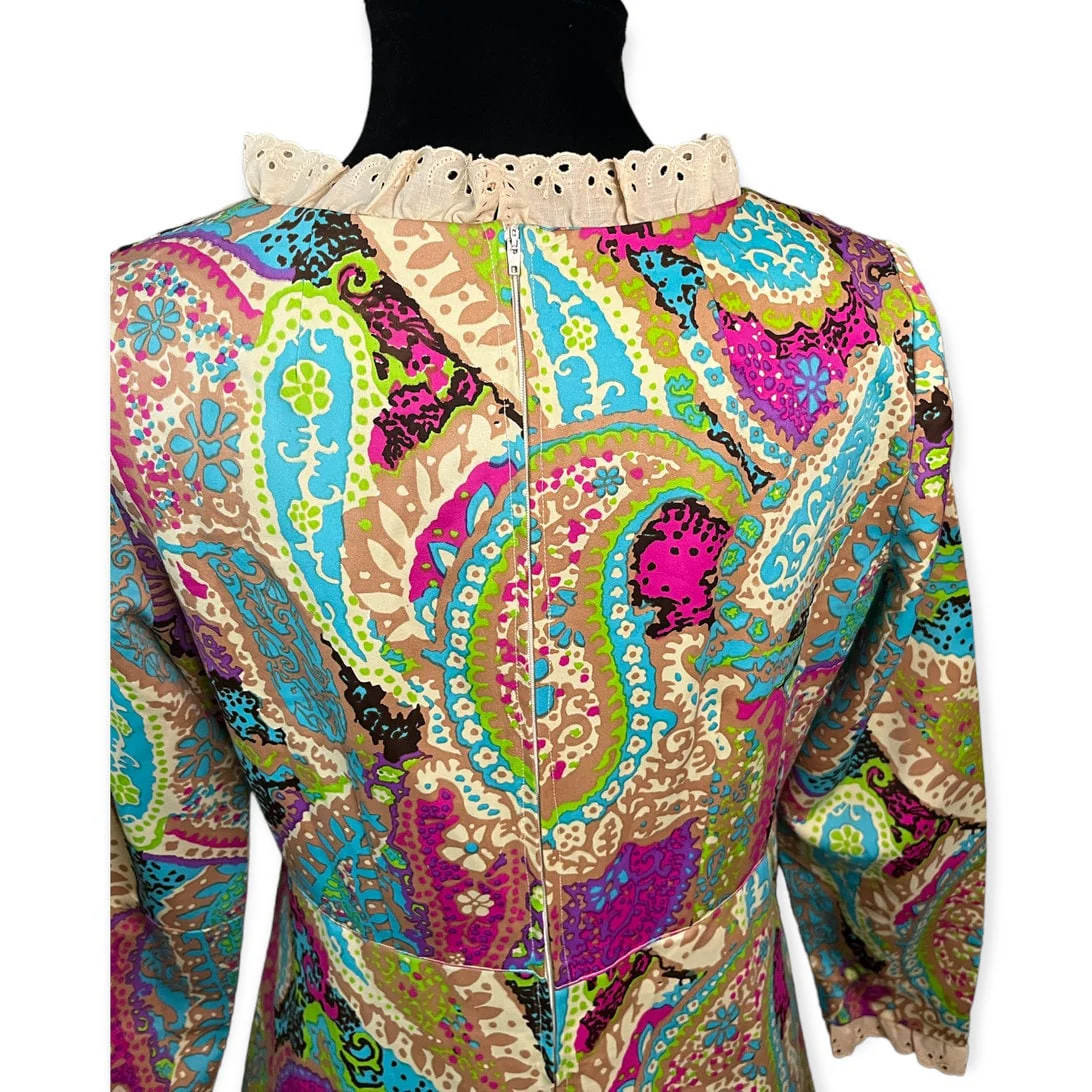Vintage 60s Prairie Paisley Green Tan Purple Orange Maxi Dress Large Med - Image 7