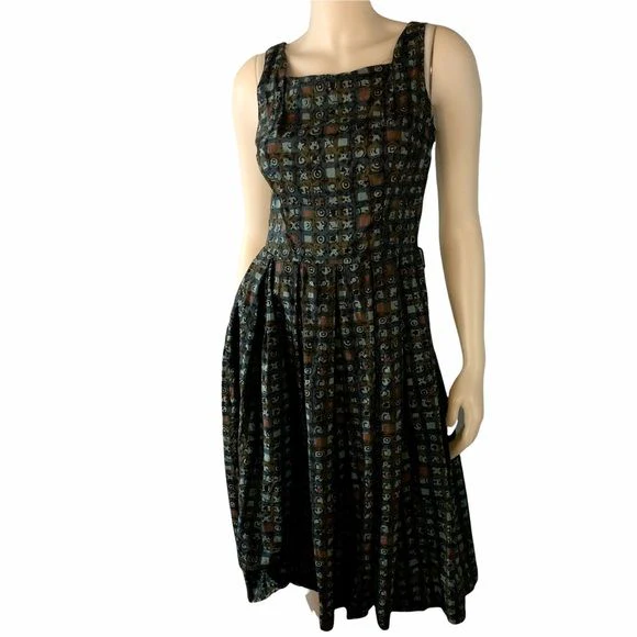Vintage 60s Print Day Dress Pleated Fit and Flare Tank Medium by Betty Barclay - Image 11