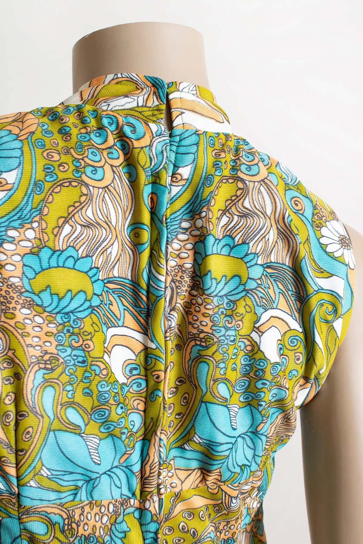 Vintage 60s Psychedelic Jumpsuit Lime Green and Teal Floral Paisley Wide Bell Leg Sleeveless Jumpsuit Small Petite - Image 8