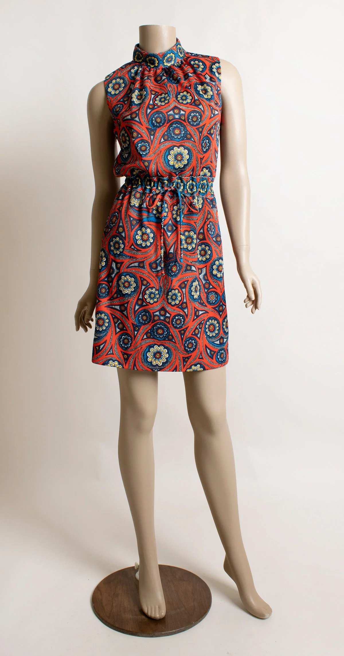 Vintage 60s Psychedelic Mini Dress Sleeveless Abstract Paisley Red and Blue Mod Mini with Drawstring Waist Pacemaker 60s Small - Image 3