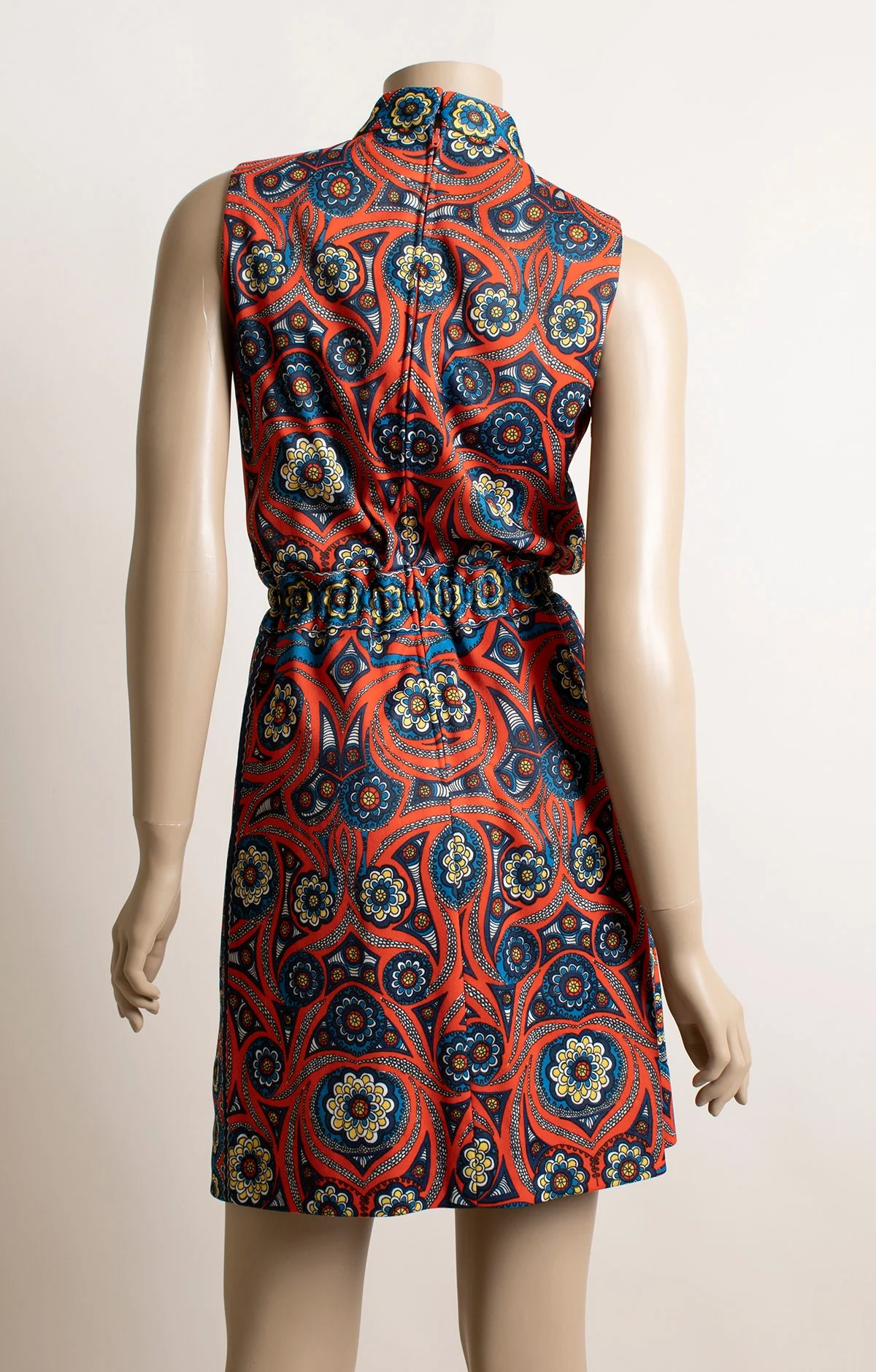 Vintage 60s Psychedelic Mini Dress Sleeveless Abstract Paisley Red and Blue Mod Mini with Drawstring Waist Pacemaker 60s Small - Image 4
