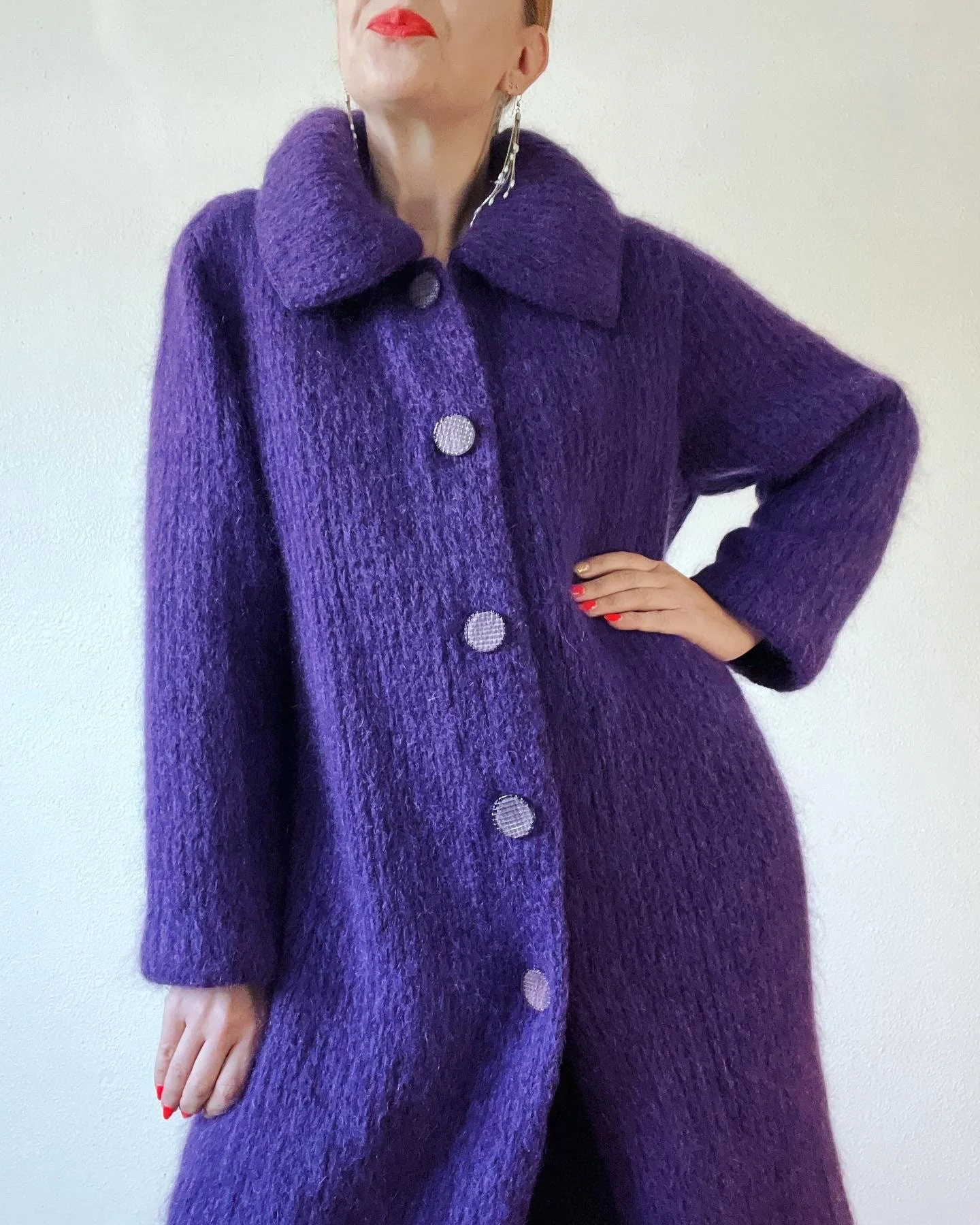 Vintage 60s Purple Heather Mohair Sweater Knit Coat with The Most Beautiful Ornate Tonal Buttons and Extra Wide Collar
