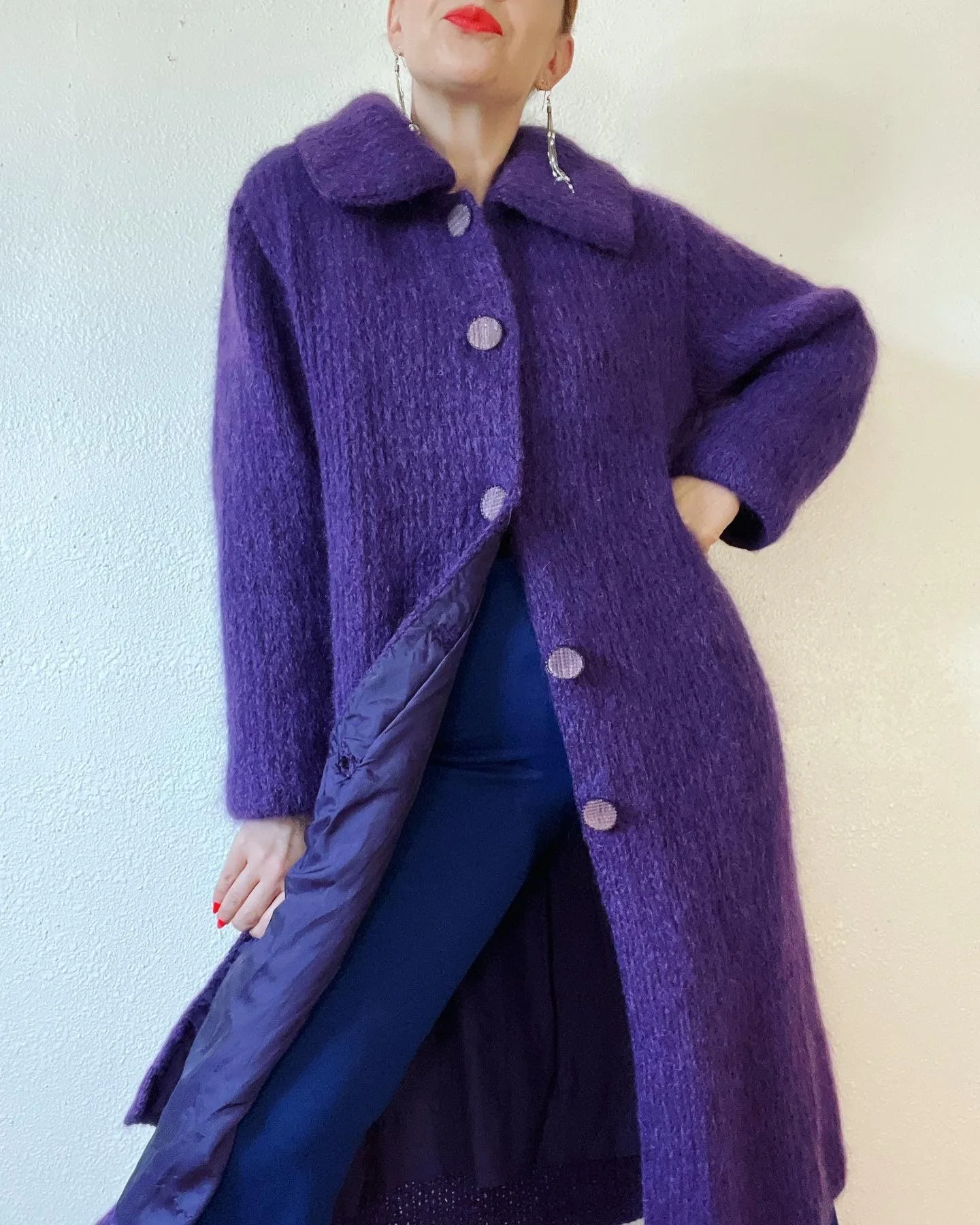 Vintage 60s Purple Heather Mohair Sweater Knit Coat with The Most Beautiful Ornate Tonal Buttons and Extra Wide Collar - Image 3