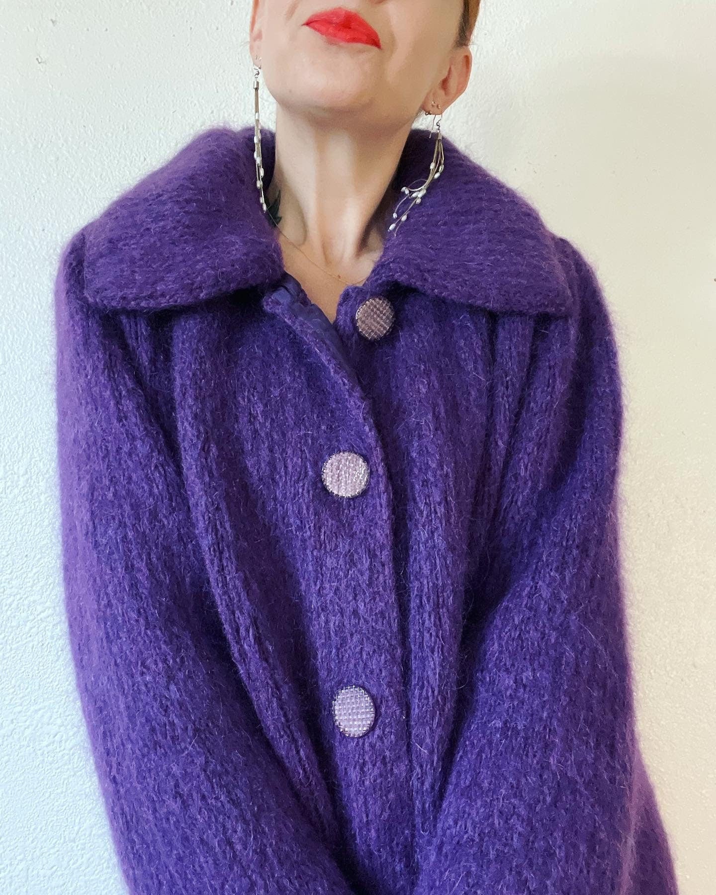 Vintage 60s Purple Heather Mohair Sweater Knit Coat with The Most Beautiful Ornate Tonal Buttons and Extra Wide Collar - Image 4