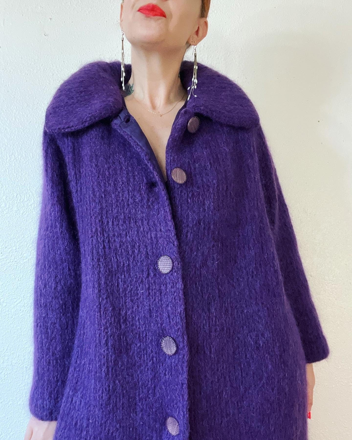 Vintage 60s Purple Heather Mohair Sweater Knit Coat with The Most Beautiful Ornate Tonal Buttons and Extra Wide Collar - Image 5