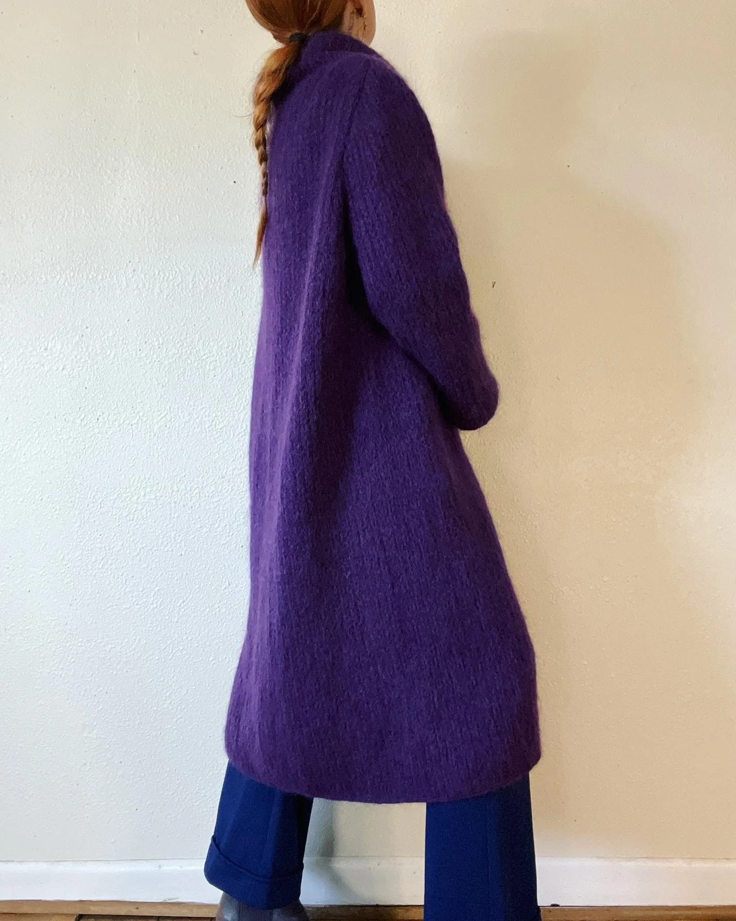 Vintage 60s Purple Heather Mohair Sweater Knit Coat with The Most Beautiful Ornate Tonal Buttons and Extra Wide Collar - Image 6