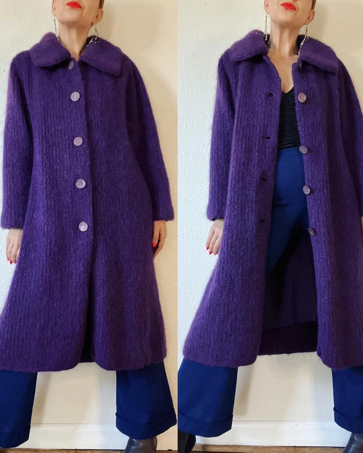 Vintage 60s Purple Heather Mohair Sweater Knit Coat with The Most Beautiful Ornate Tonal Buttons and Extra Wide Collar - Image 7