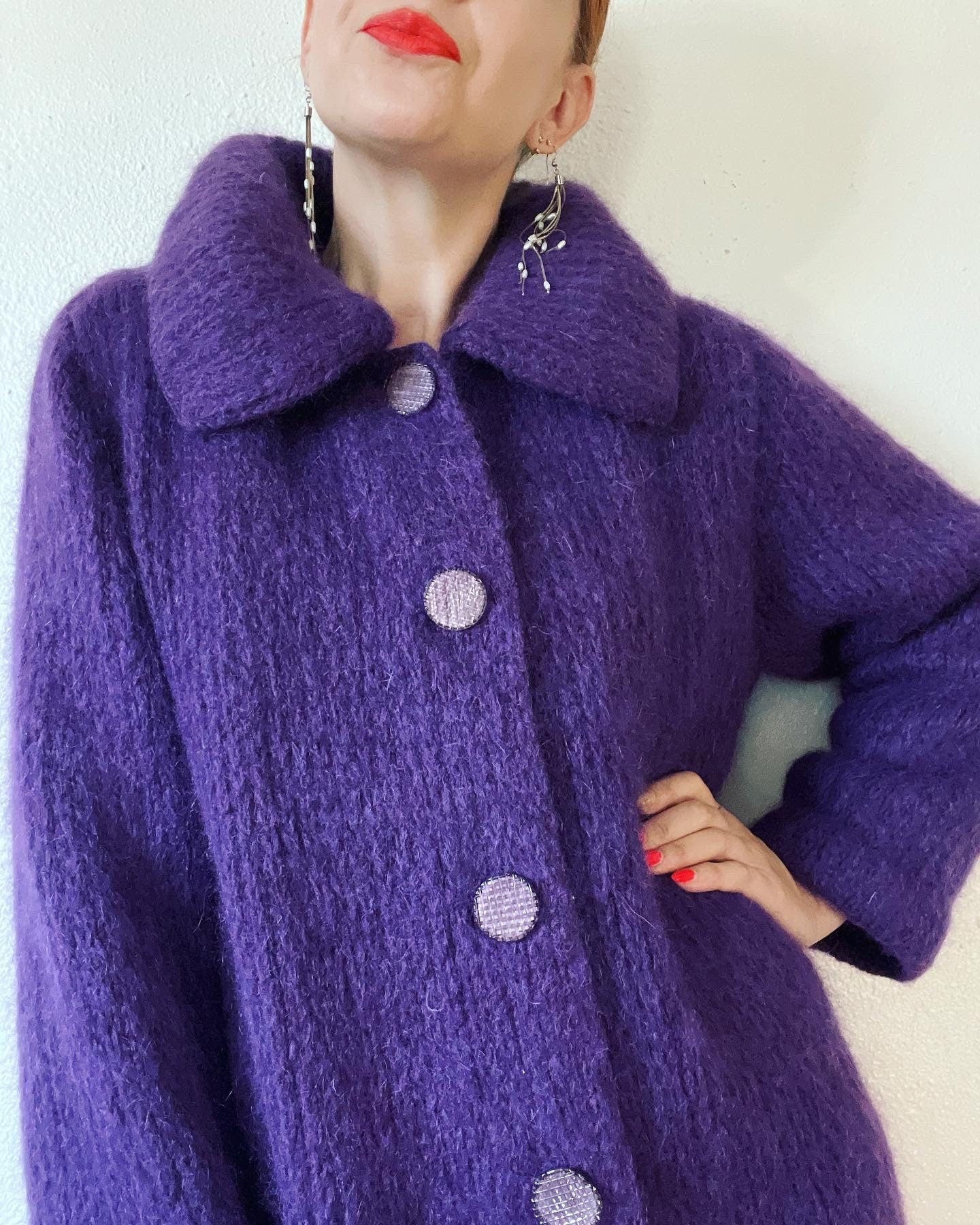 Vintage 60s Purple Heather Mohair Sweater Knit Coat with The Most Beautiful Ornate Tonal Buttons and Extra Wide Collar - Image 8