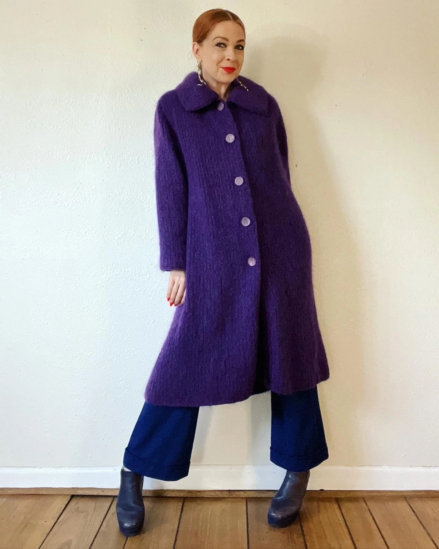Vintage 60s Purple Heather Mohair Sweater Knit Coat with The Most Beautiful Ornate Tonal Buttons and Extra Wide Collar - Image 9