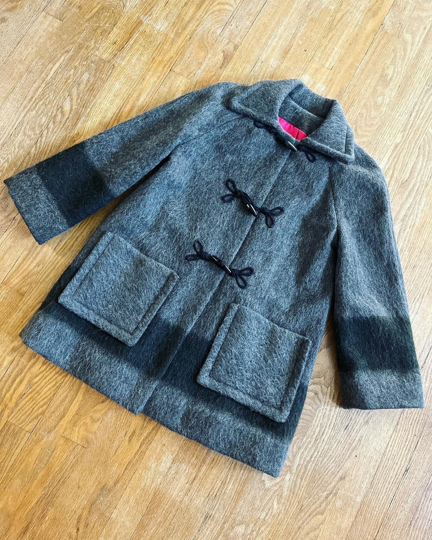 Vintage 60s Raglan Sleeve Charcoal Gray and Black Stripe Toggle Closure Coat with The Most Luxe Rich Raspberry Red - Image 10