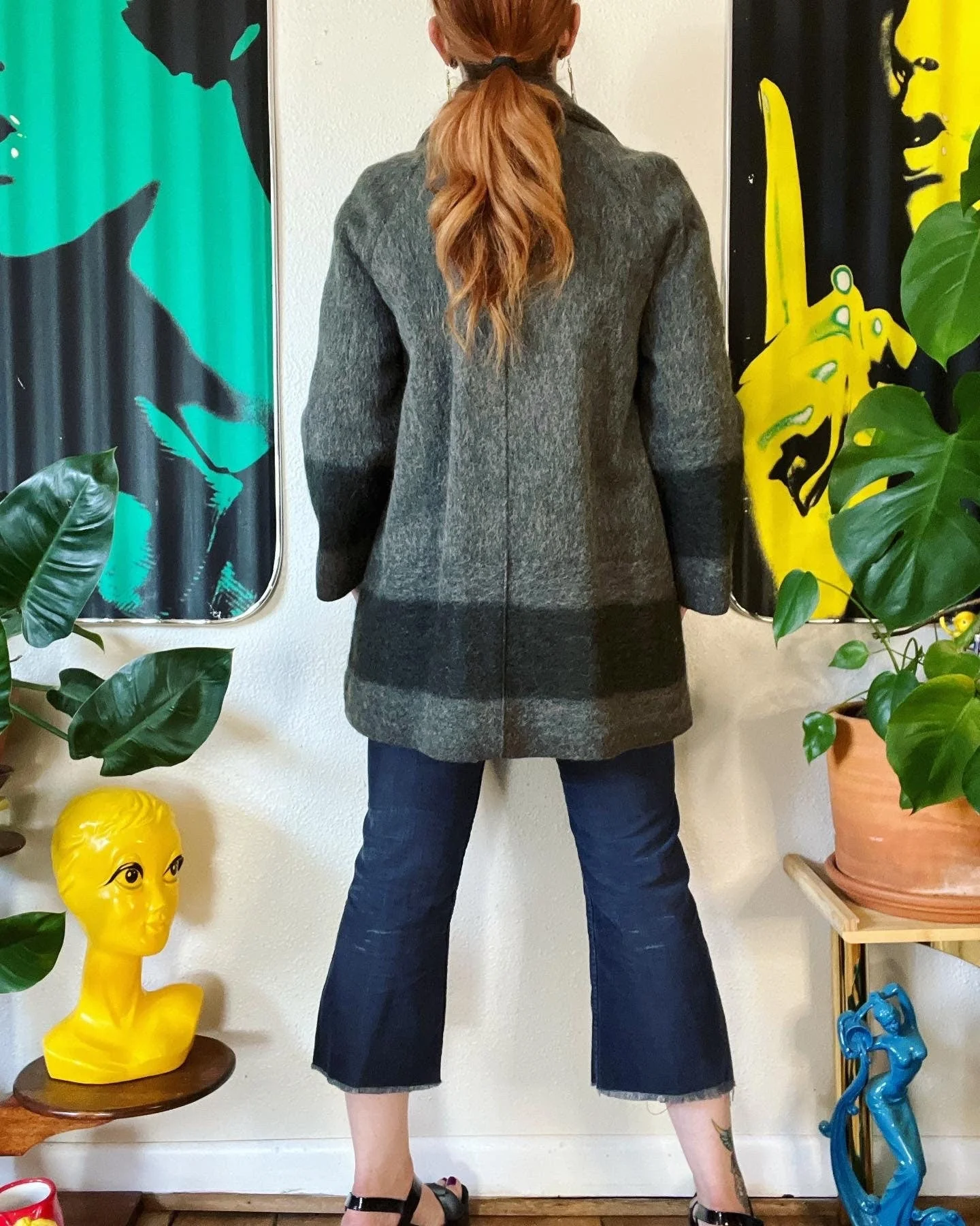 Vintage 60s Raglan Sleeve Charcoal Gray and Black Stripe Toggle Closure Coat with The Most Luxe Rich Raspberry Red - Image 2