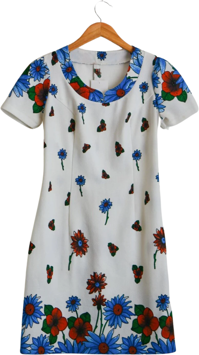 Vintage 60s Red Floral Blue Romantic Midi White Daisy Summer