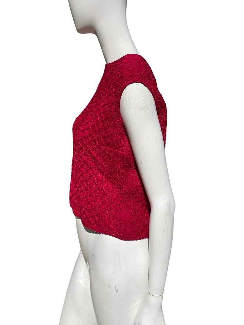 Vintage 60s Red Top Blouse Sleeveless Ribbon Knotted Knitted Top Size L - Image 2