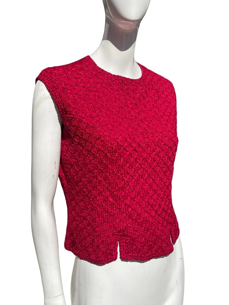 Vintage 60s Red Top Blouse Sleeveless Ribbon Knotted Knitted Top Size L - Image 5