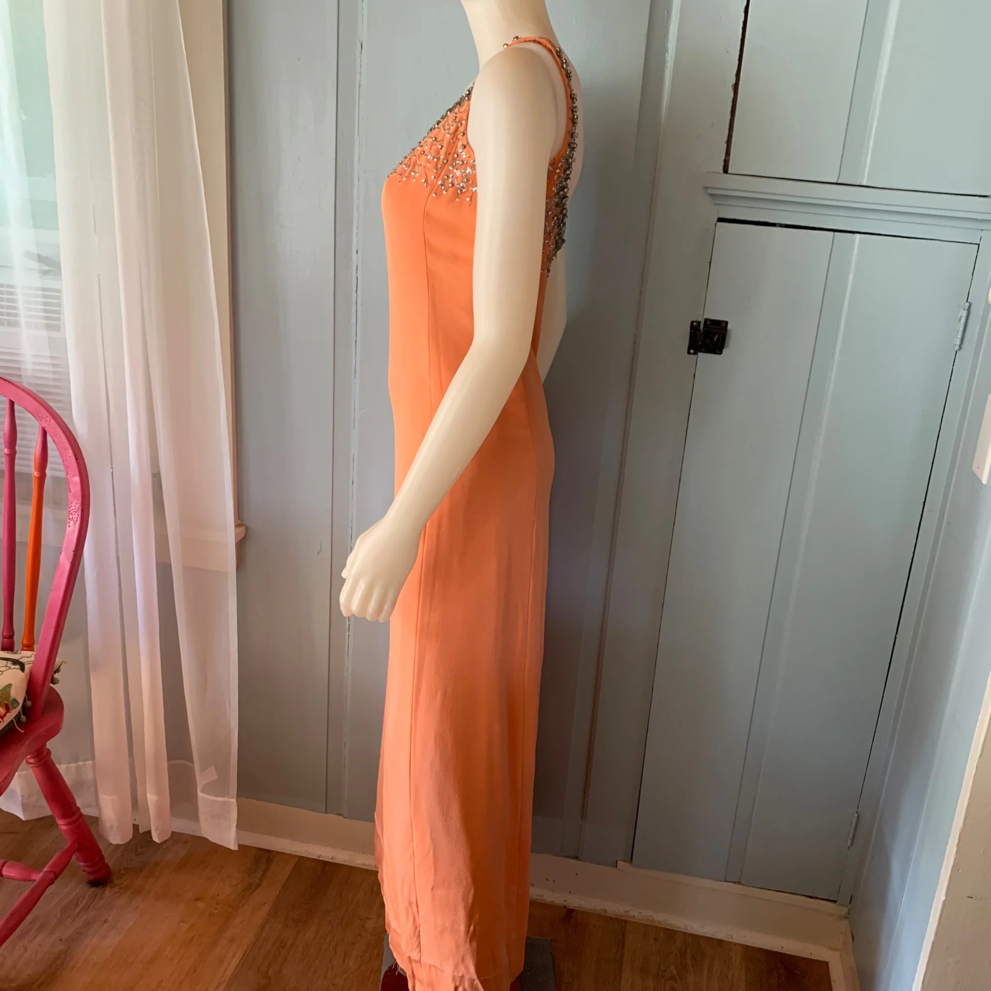Vintage 60s Rhinestone Embellished Long Dress Small Maxi Tank Column Orange - Image 11