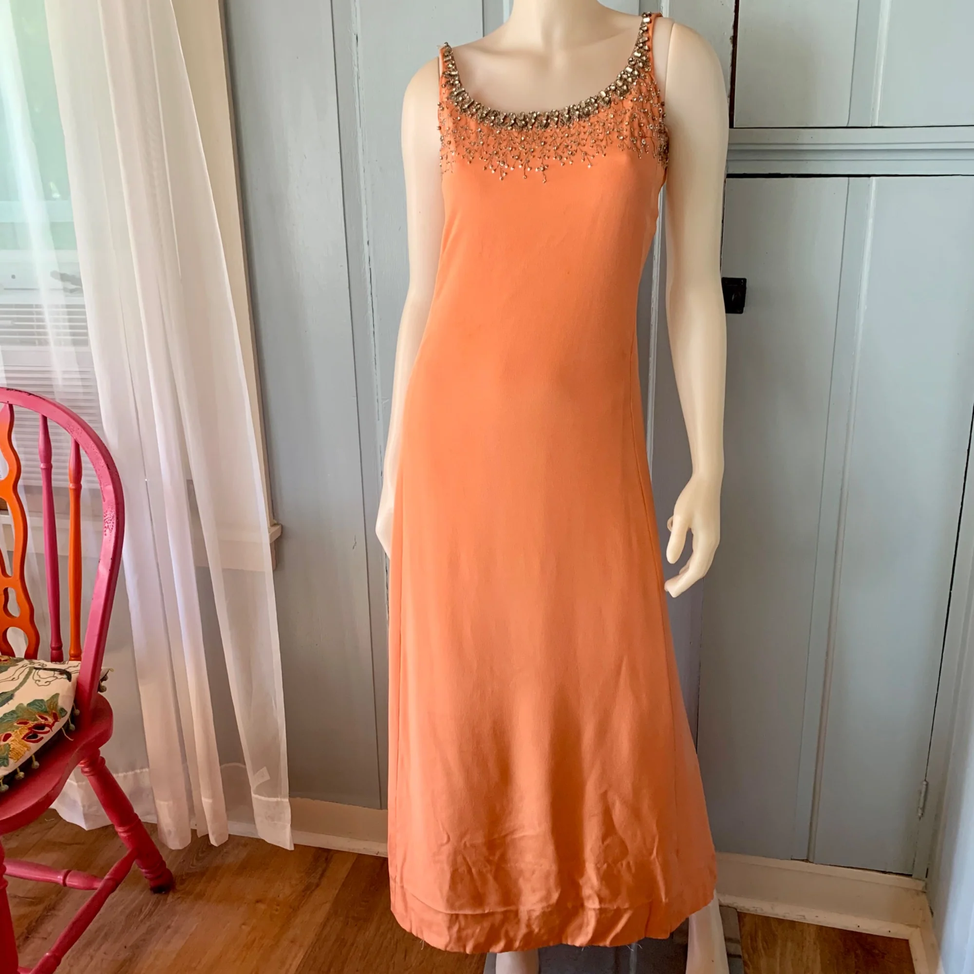 Vintage 60s Rhinestone Embellished Long Dress Small Maxi Tank Column Orange - Image 12